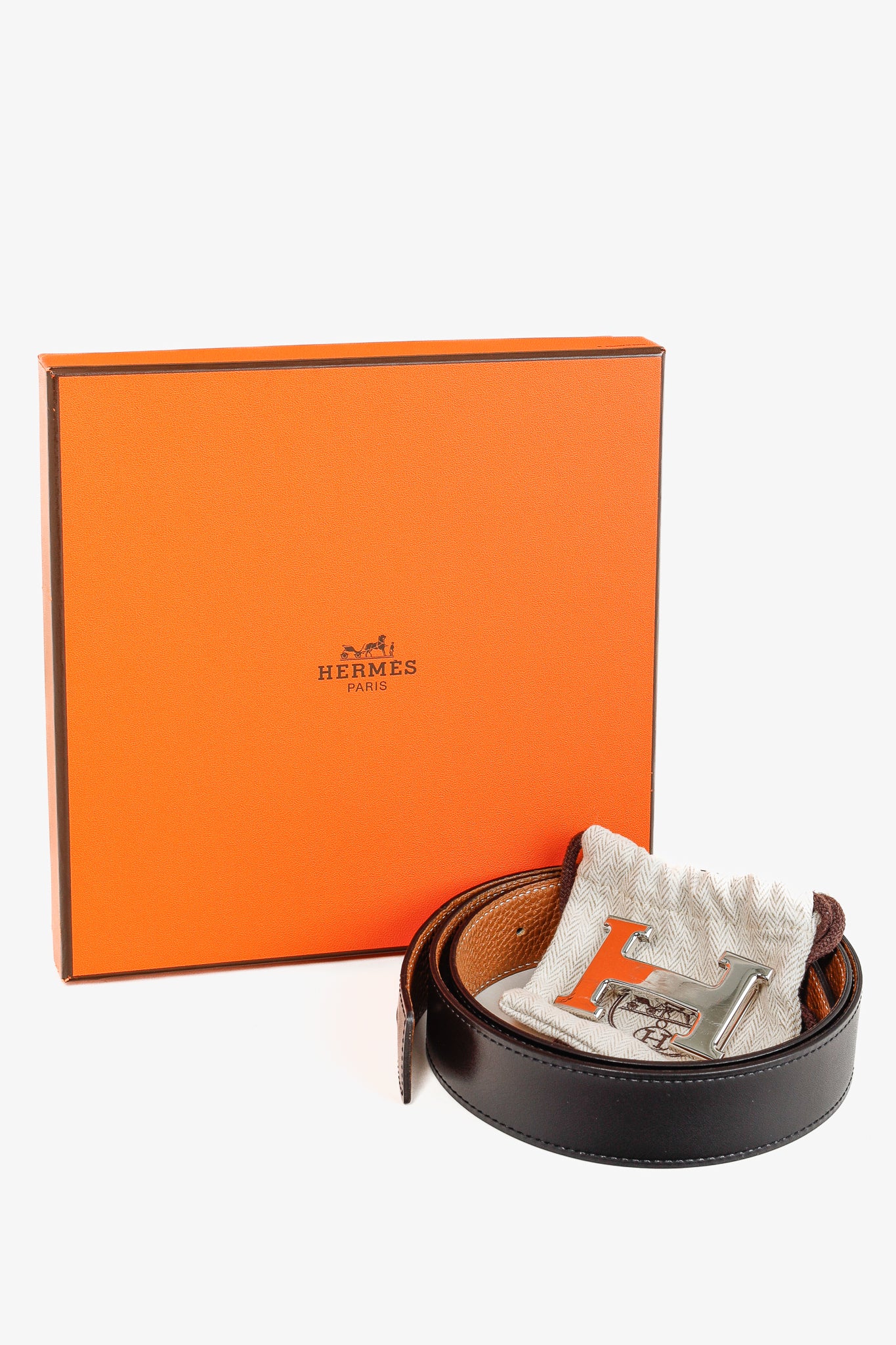 Hermes Reversible Black & Brown "H"-Buckle Leather Belt