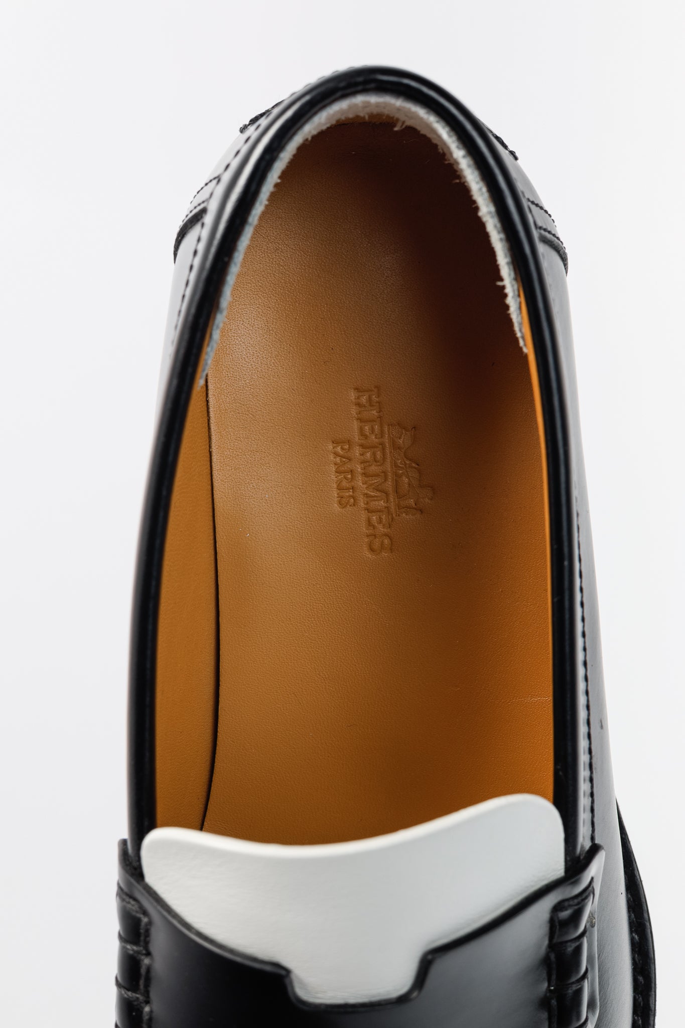 Hermes Hour Noir & Blanc Glazed Calfskin "H" Loafers