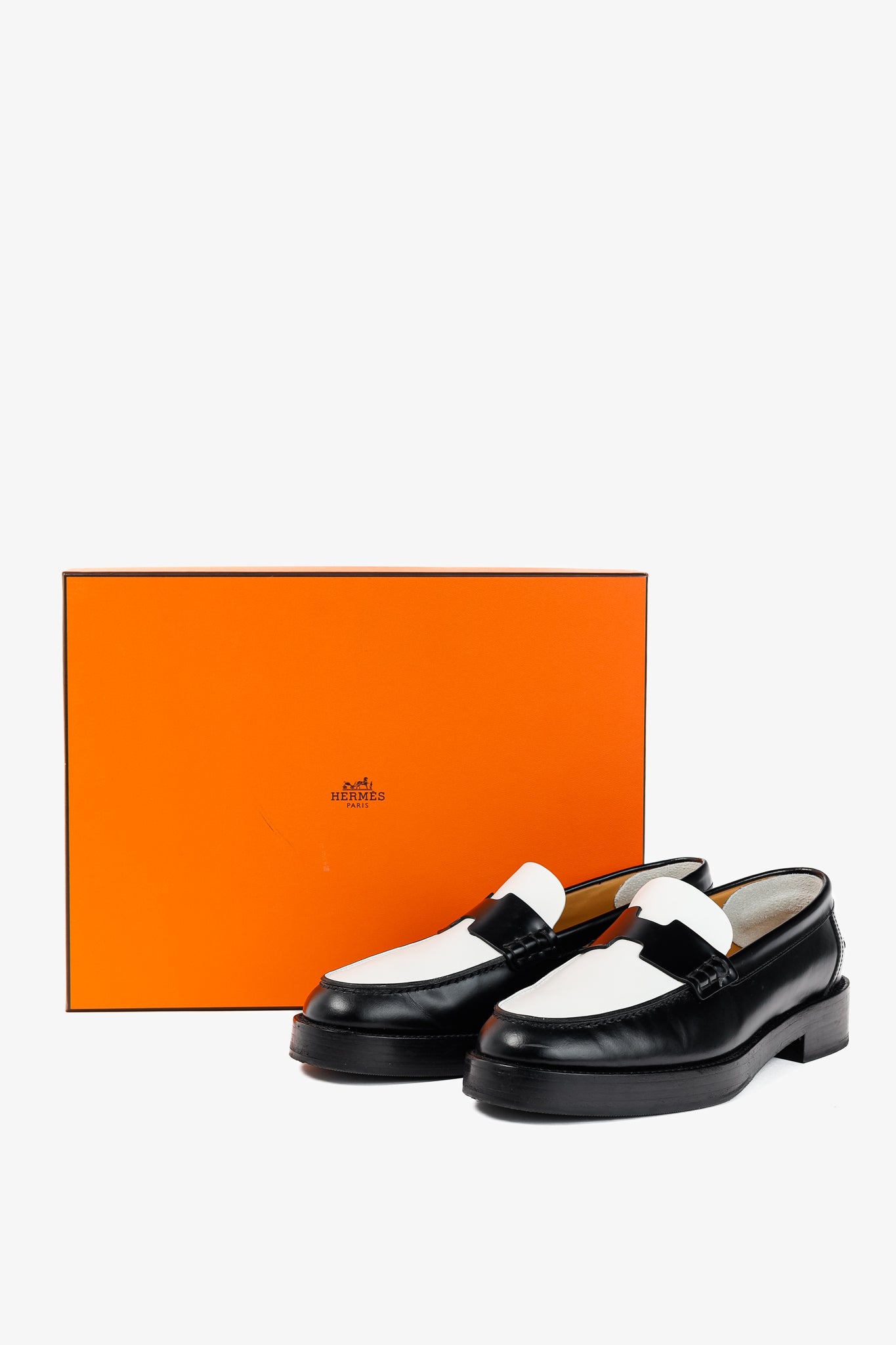 Hermes Hour Noir & Blanc Glazed Calfskin "H" Loafers