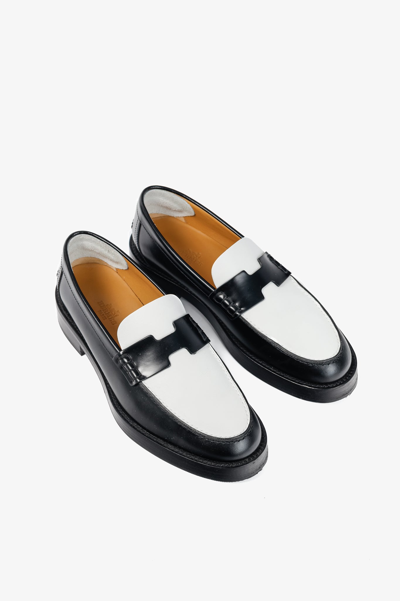 Hermes Hour Noir & Blanc Glazed Calfskin "H" Loafers