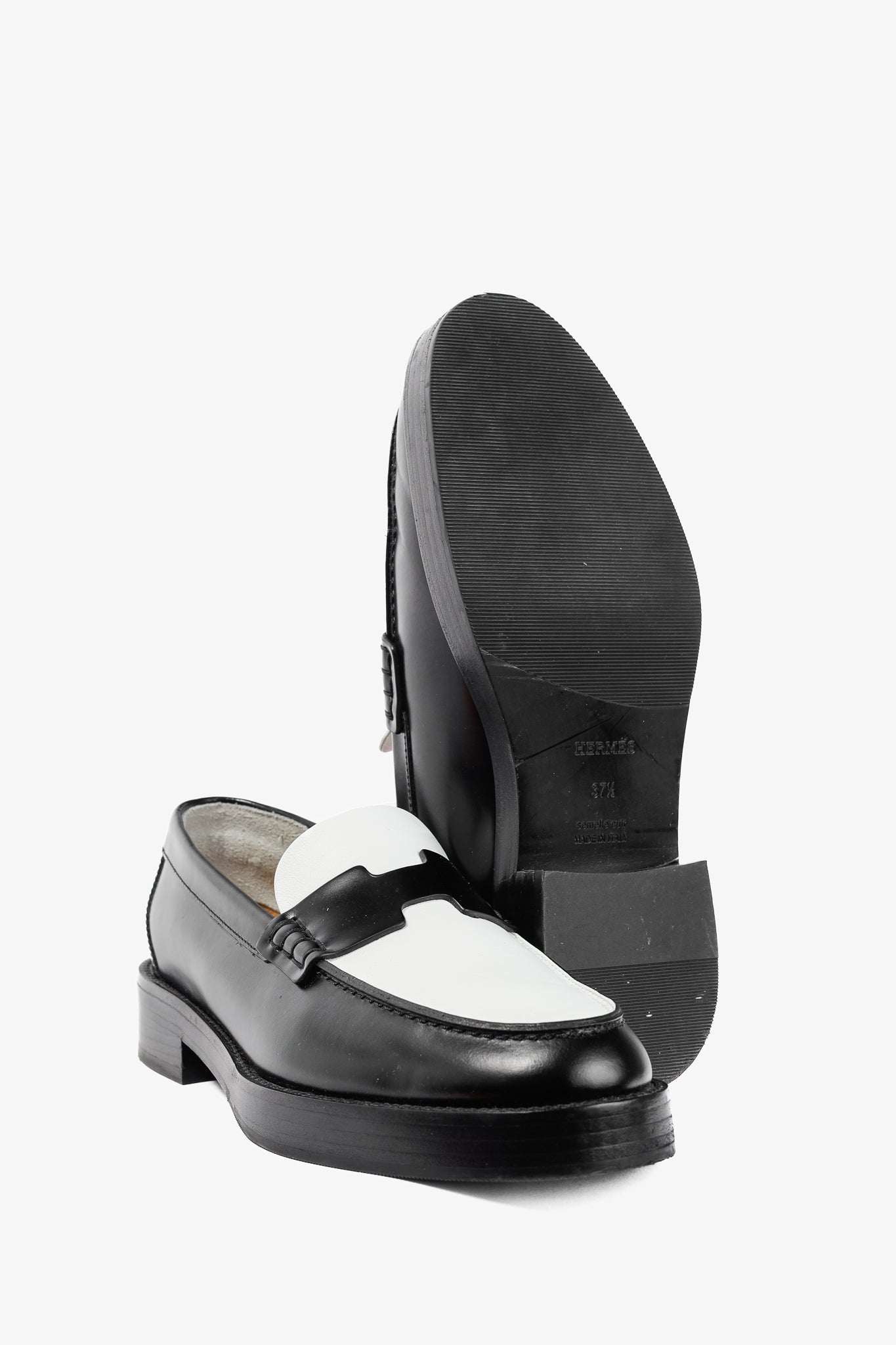 Hermes Hour Noir & Blanc Glazed Calfskin "H" Loafers
