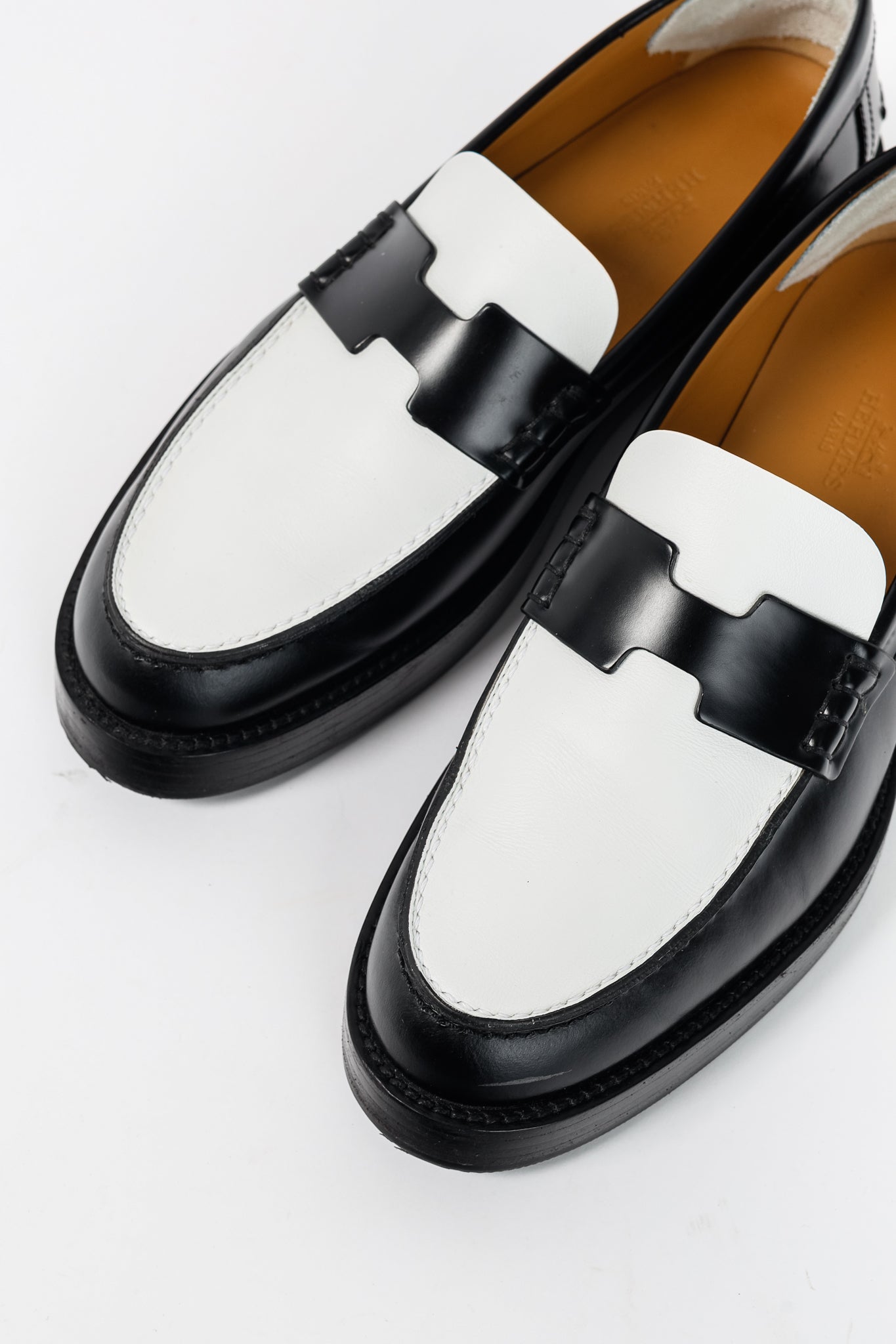 Hermes Hour Noir & Blanc Glazed Calfskin "H" Loafers