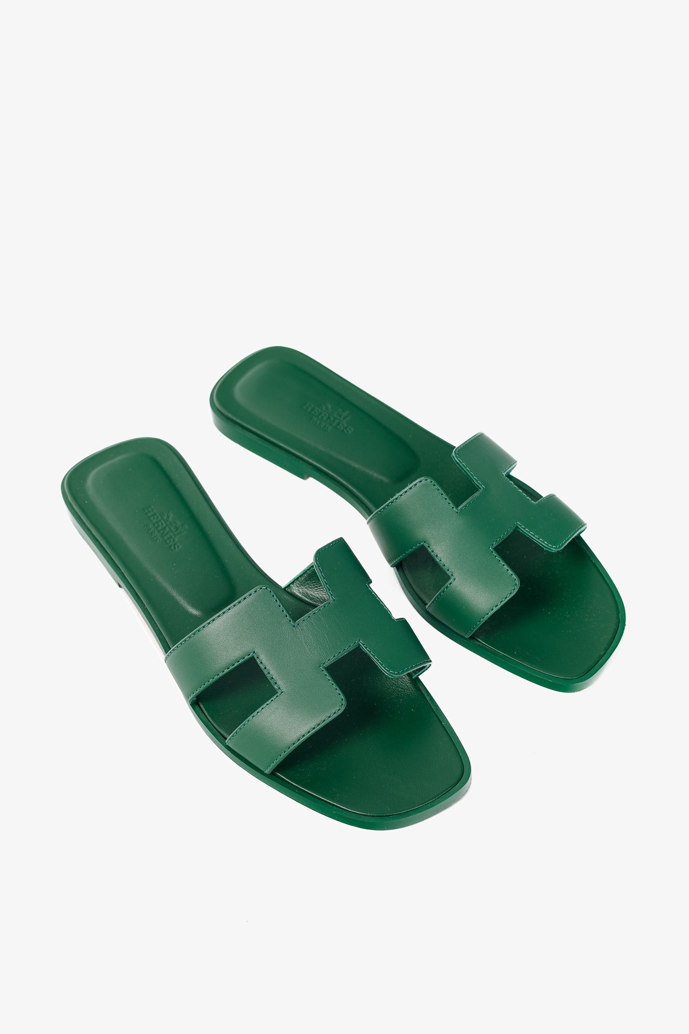 Hermes Oran Vert Electrique Calfskin H-Strap Sandals