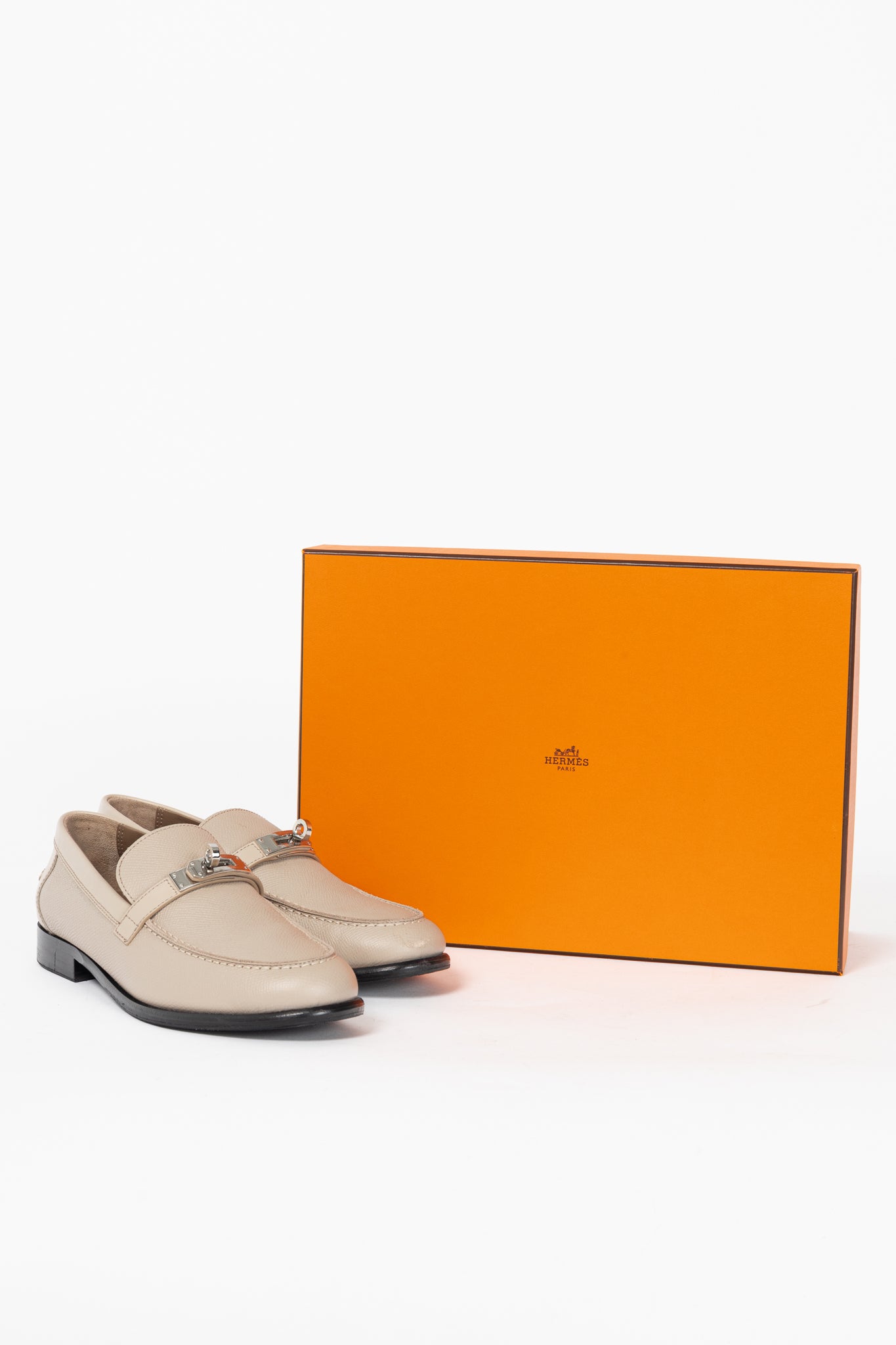 Hermes Destin Blanc Gomme Epsom Calfskin Kelly-Buckle Loafers