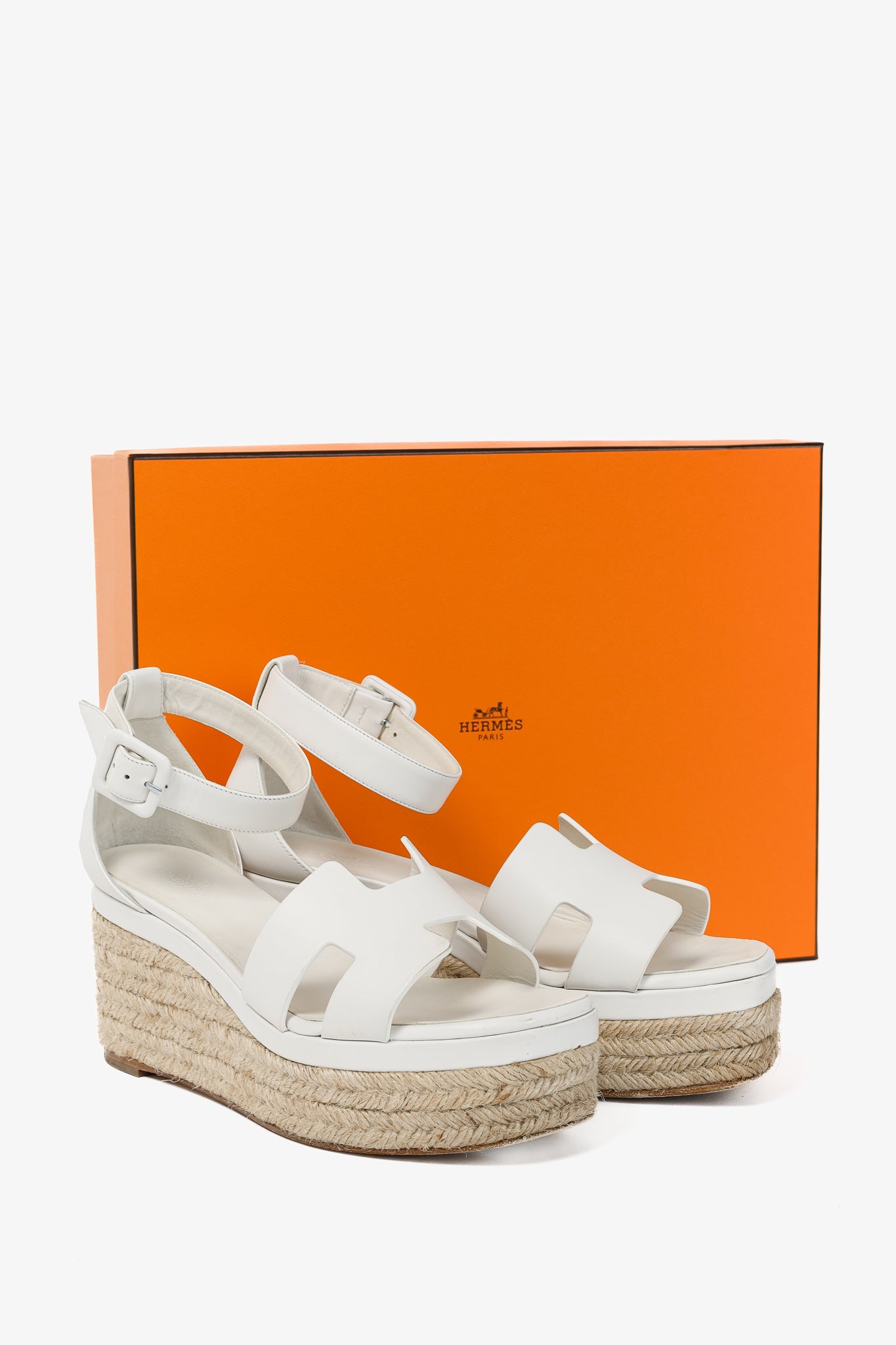 Hermes Elda White Goatskin Espadrille Wedge "H" Sandals