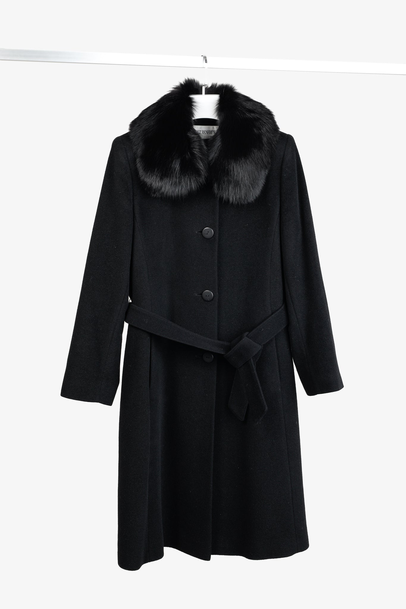 Holt Renfrew Black Wool Fur-Collar Belted Maxi Coat