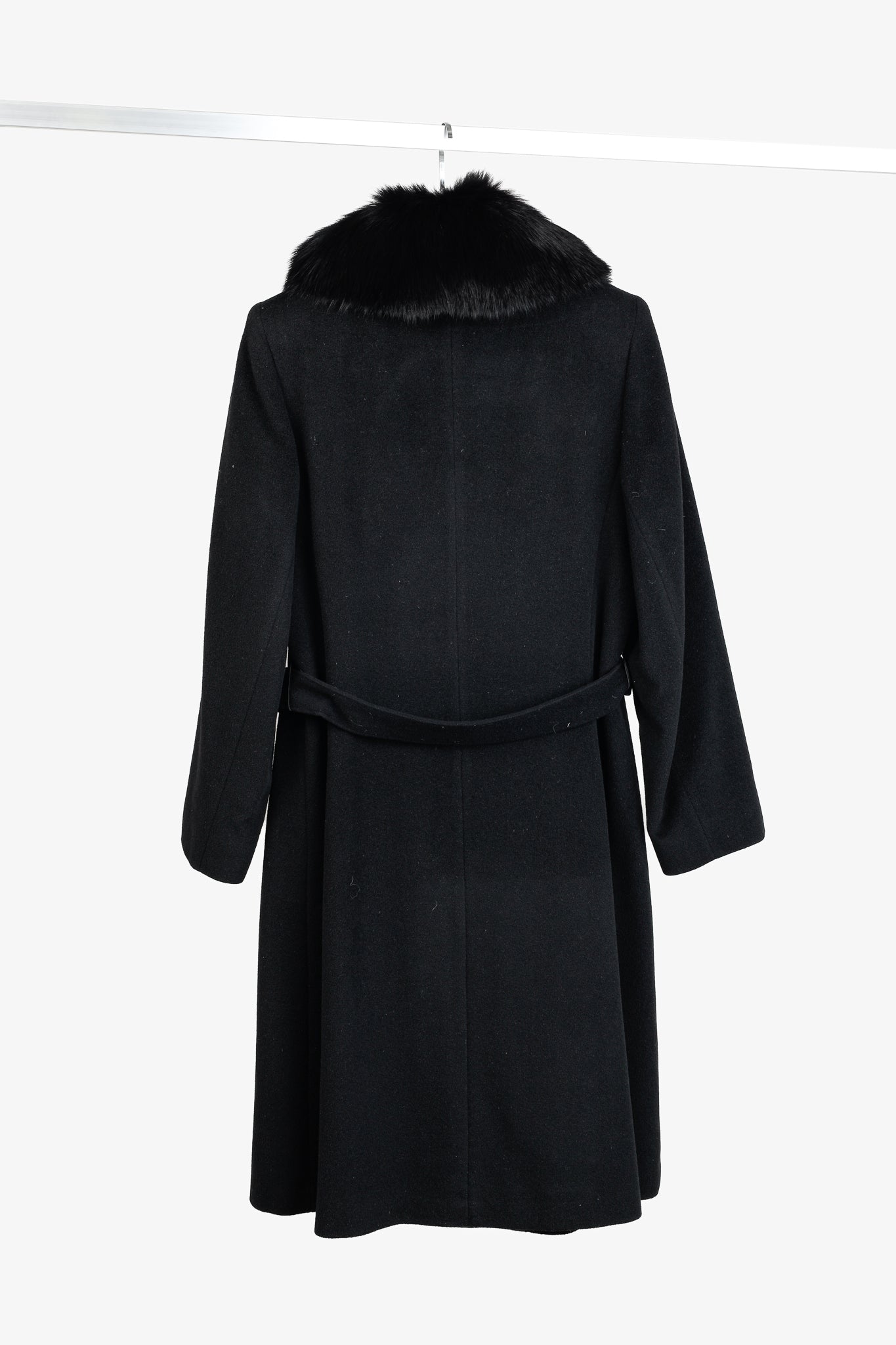 Holt Renfrew Black Wool Fur-Collar Belted Maxi Coat