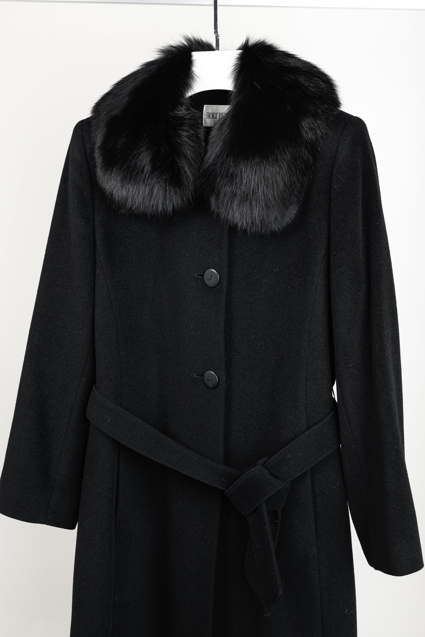 Holt Renfrew Black Wool Fur-Collar Belted Maxi Coat