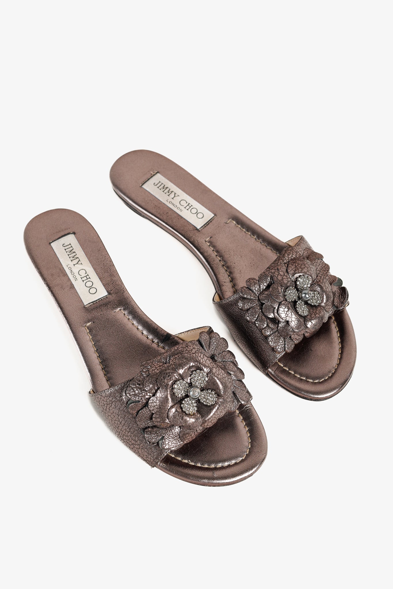 Jimmy Choo Neave Embelllished Floral Light Mocha Leather Sandal