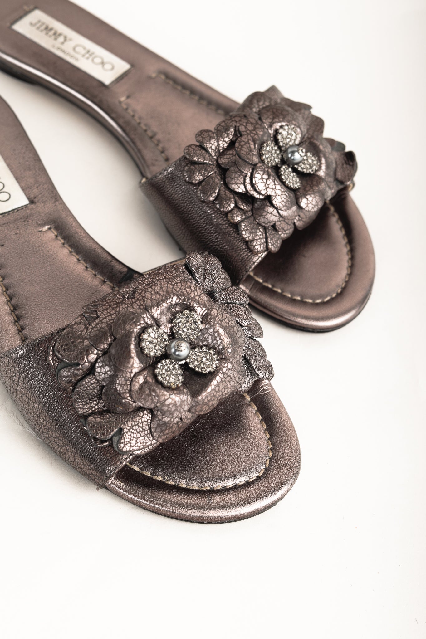 Jimmy Choo Neave Embelllished Floral Light Mocha Leather Sandal