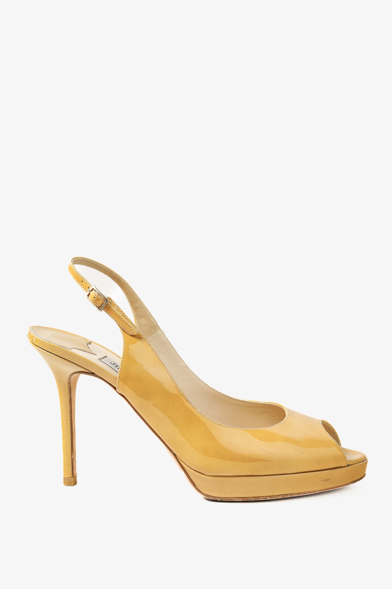 Jimmy Choo Nova Beige Nude Patent Platform Stiletto Heel Peep Toe Slingback Sandal