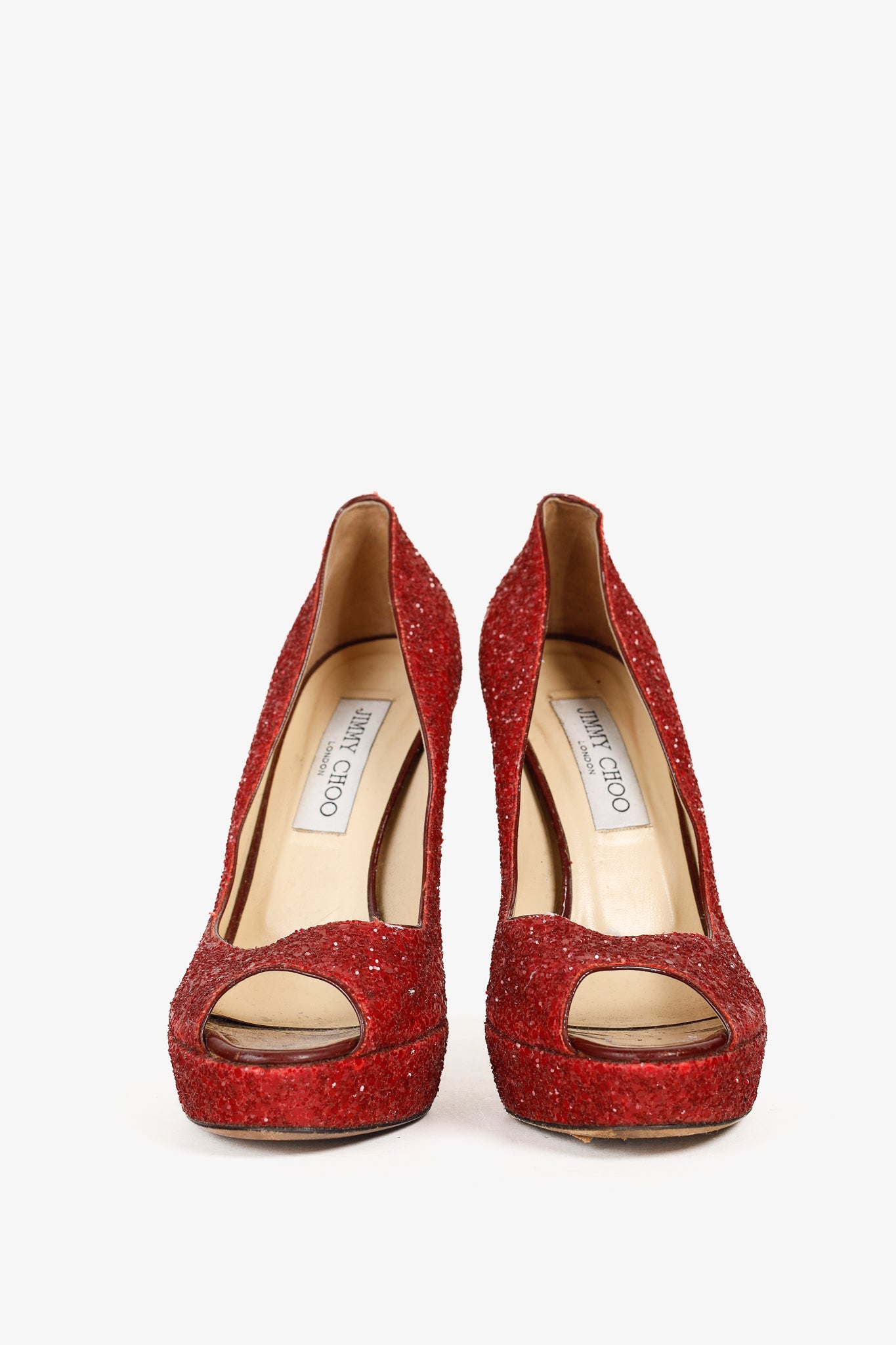 Jimmy Choo Crown Red Coarse Glitter Platform Pumps