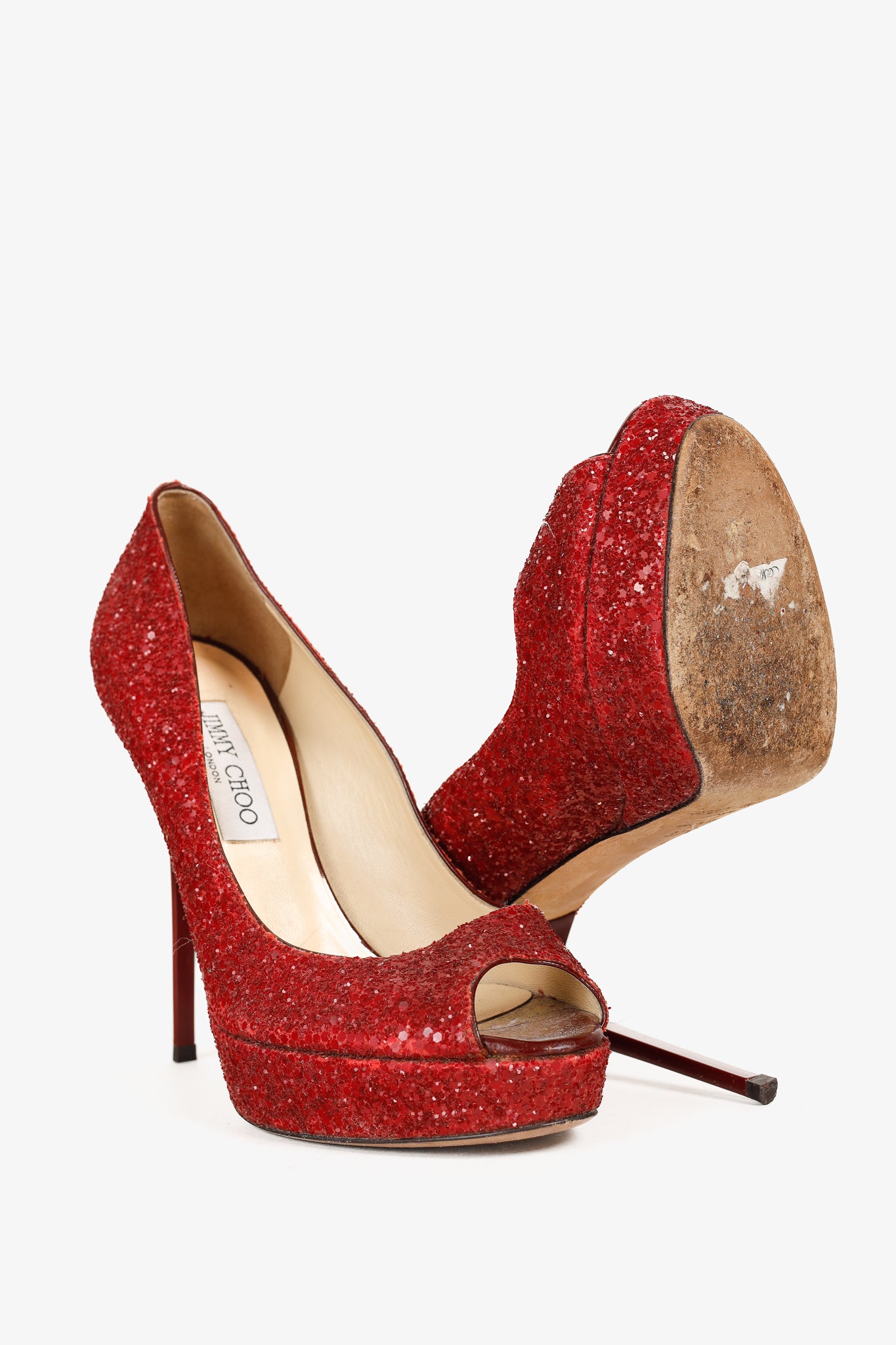 Jimmy Choo Crown Red Coarse Glitter Platform Pumps
