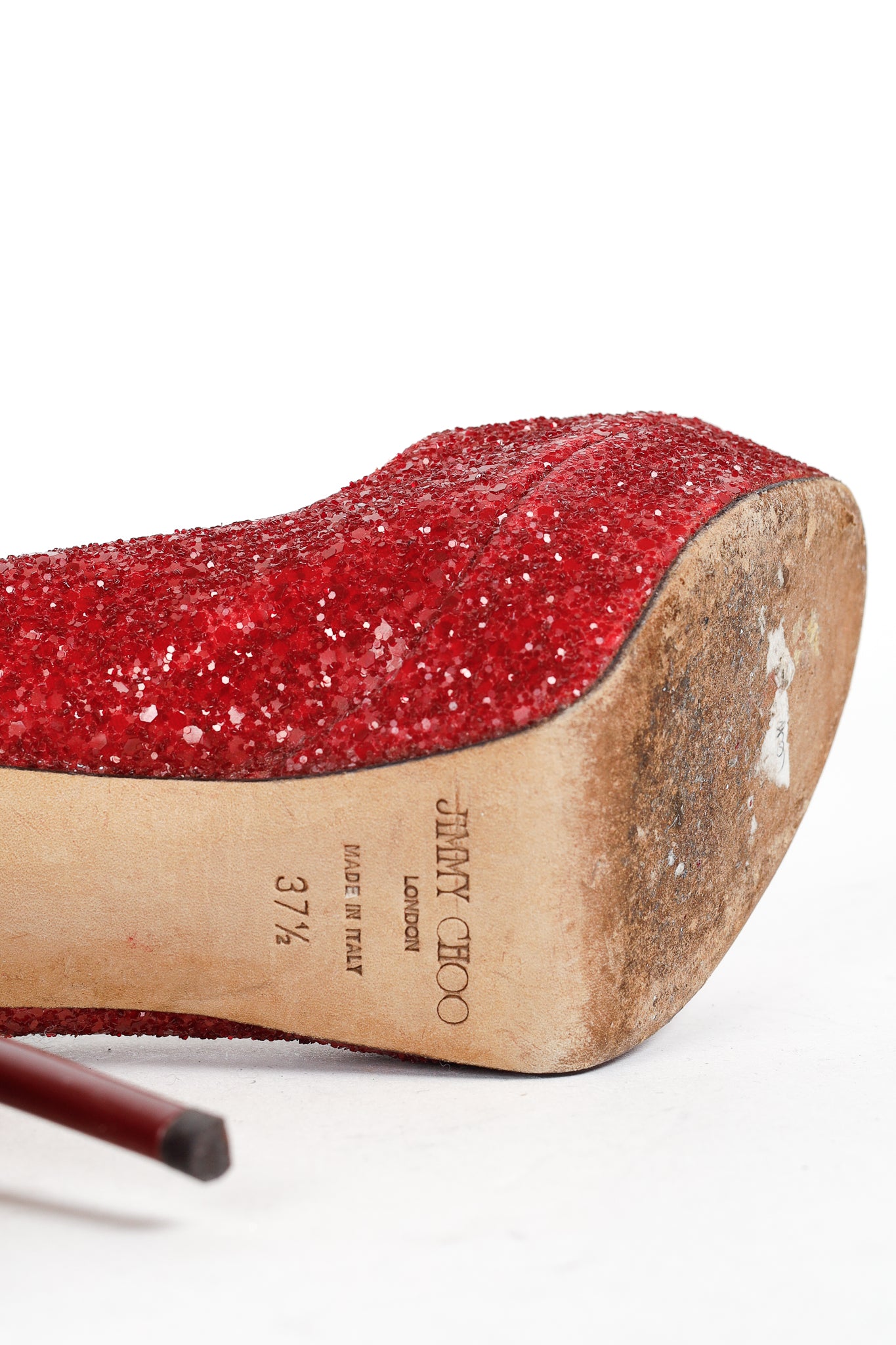 Jimmy Choo Crown Red Coarse Glitter Platform Pumps