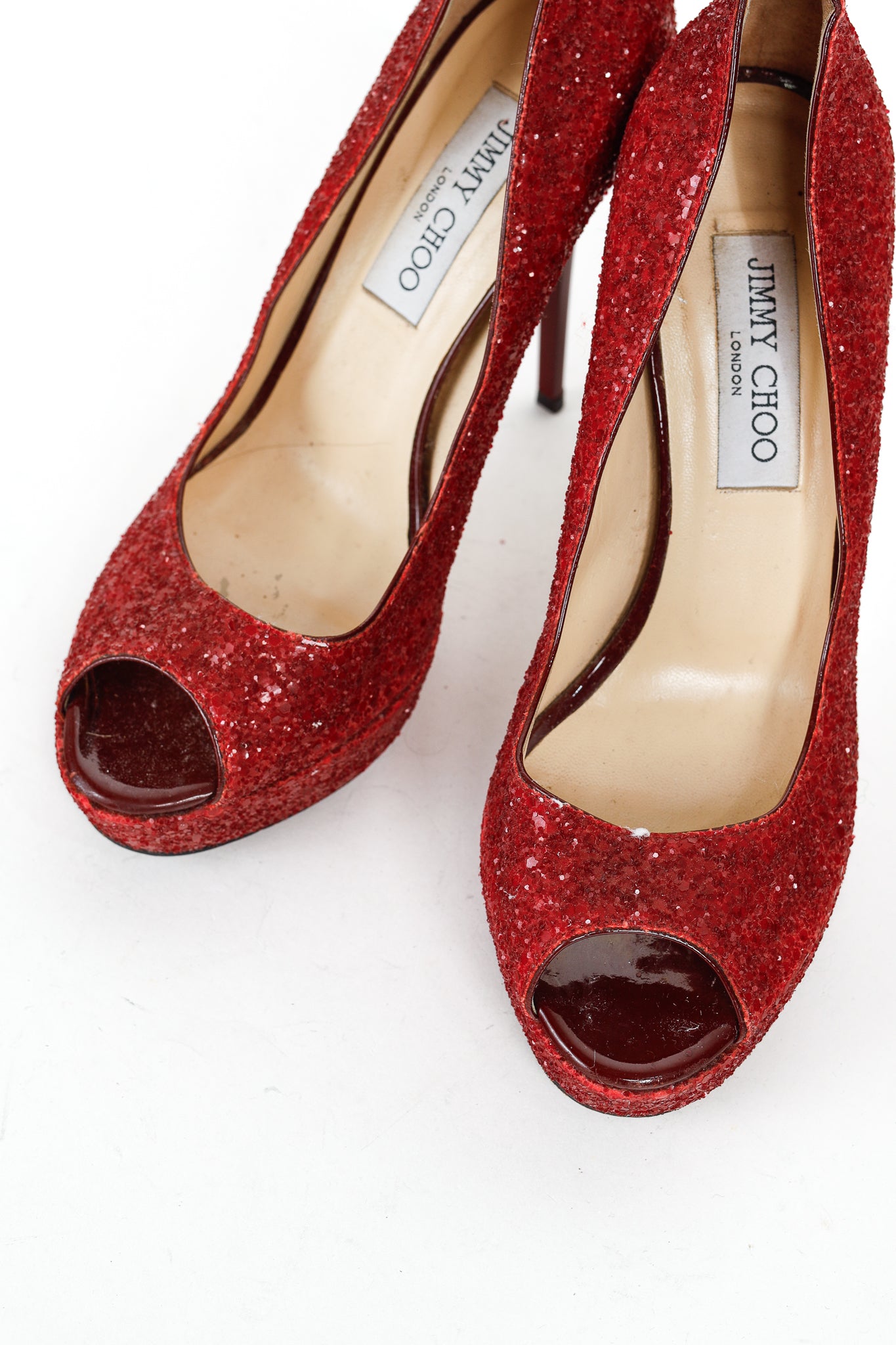 Jimmy Choo Crown Red Coarse Glitter Platform Pumps