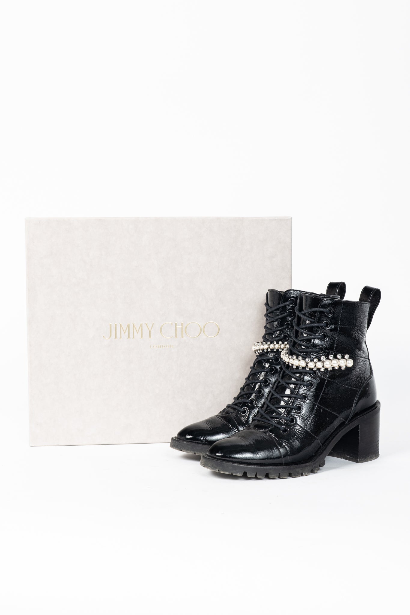 Jimmy Choo Cruz 65 Black Naplack Crystal & Pearl Piece Combat Boots