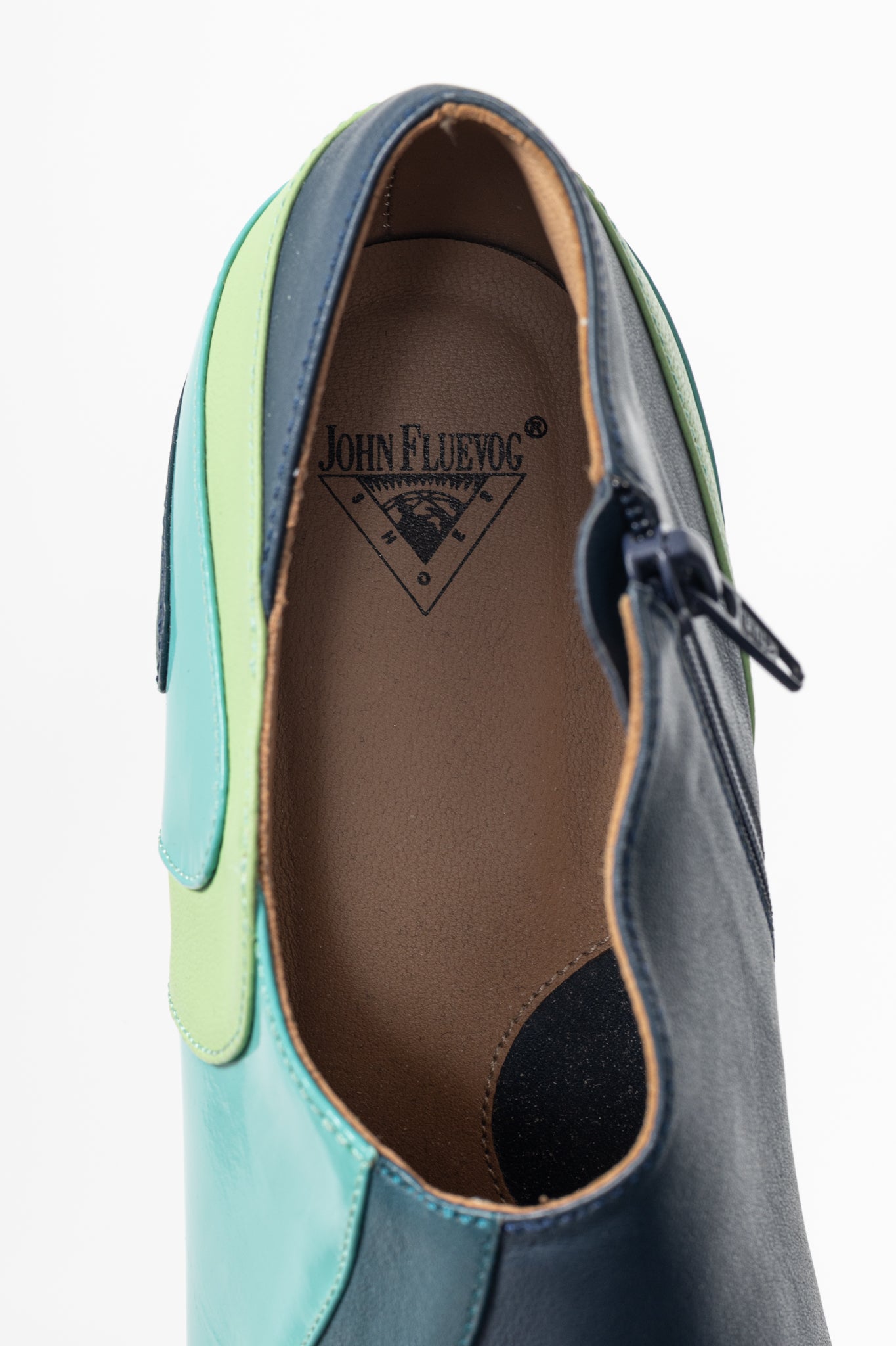 John Fluevog Amadeus Blue & Green Layered Leather Heels