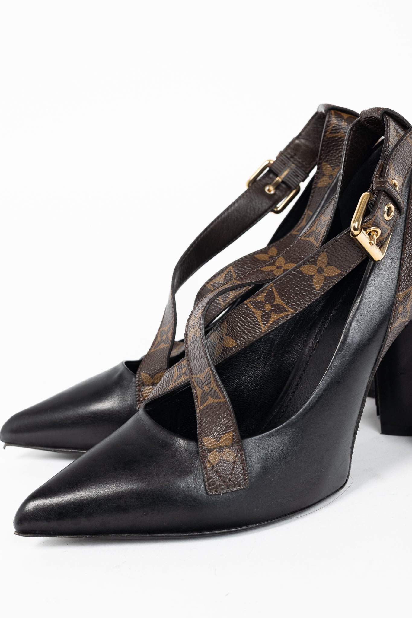Louis Vuitton Matchmake Black Leather & Monogram Canvas Crossover Pumps