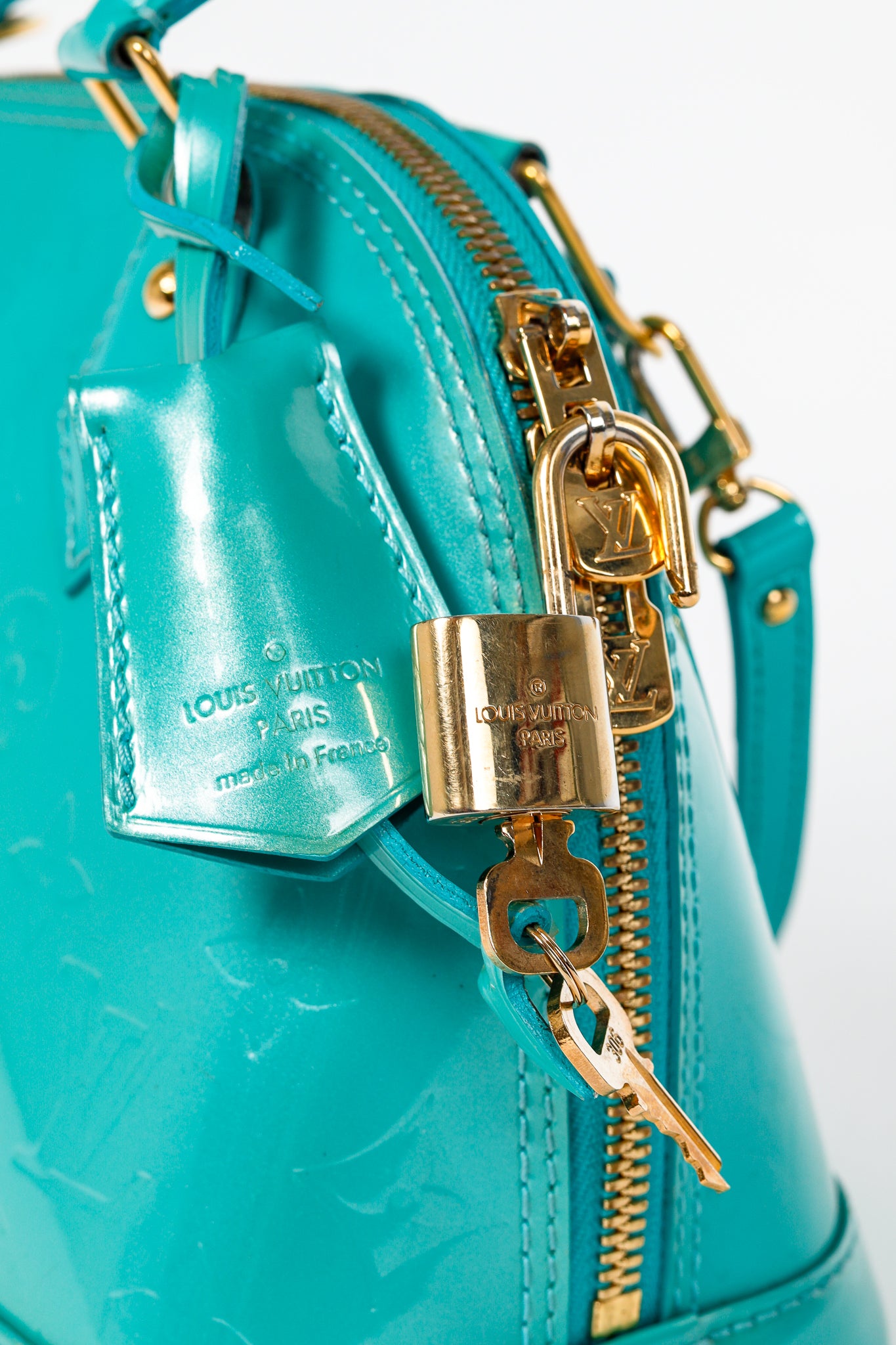 Louis Vuitton Alma BB Turquoise Monogram Vernis Tote
