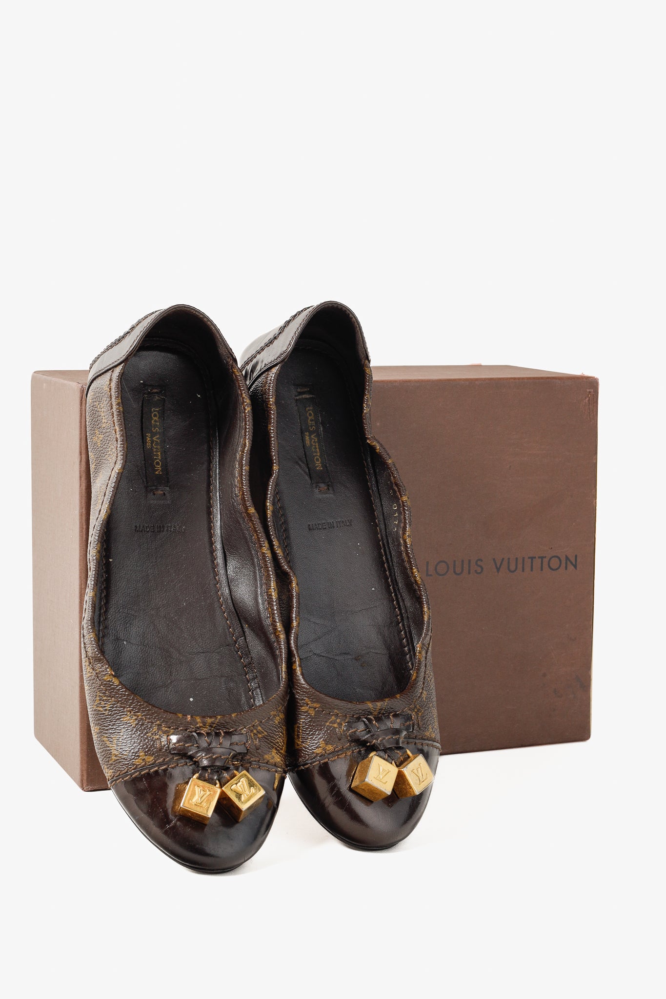 Louis Vuitton Lovely Golden-Cube Ballet Driving Flats in Brown Monogram