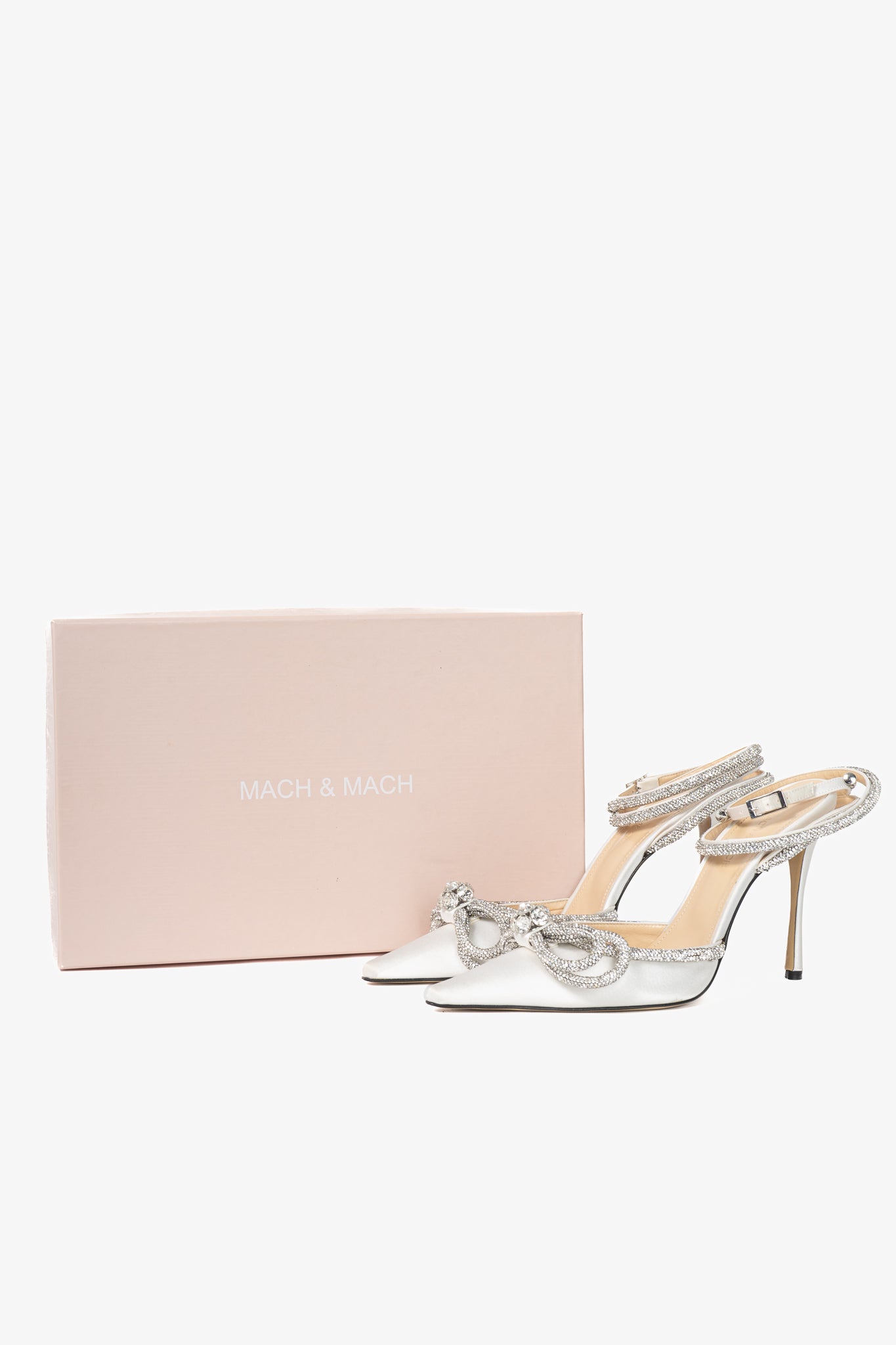 MACH & MACH Double Bow 110 White Silk-Satin Crystal-Embellished Heels