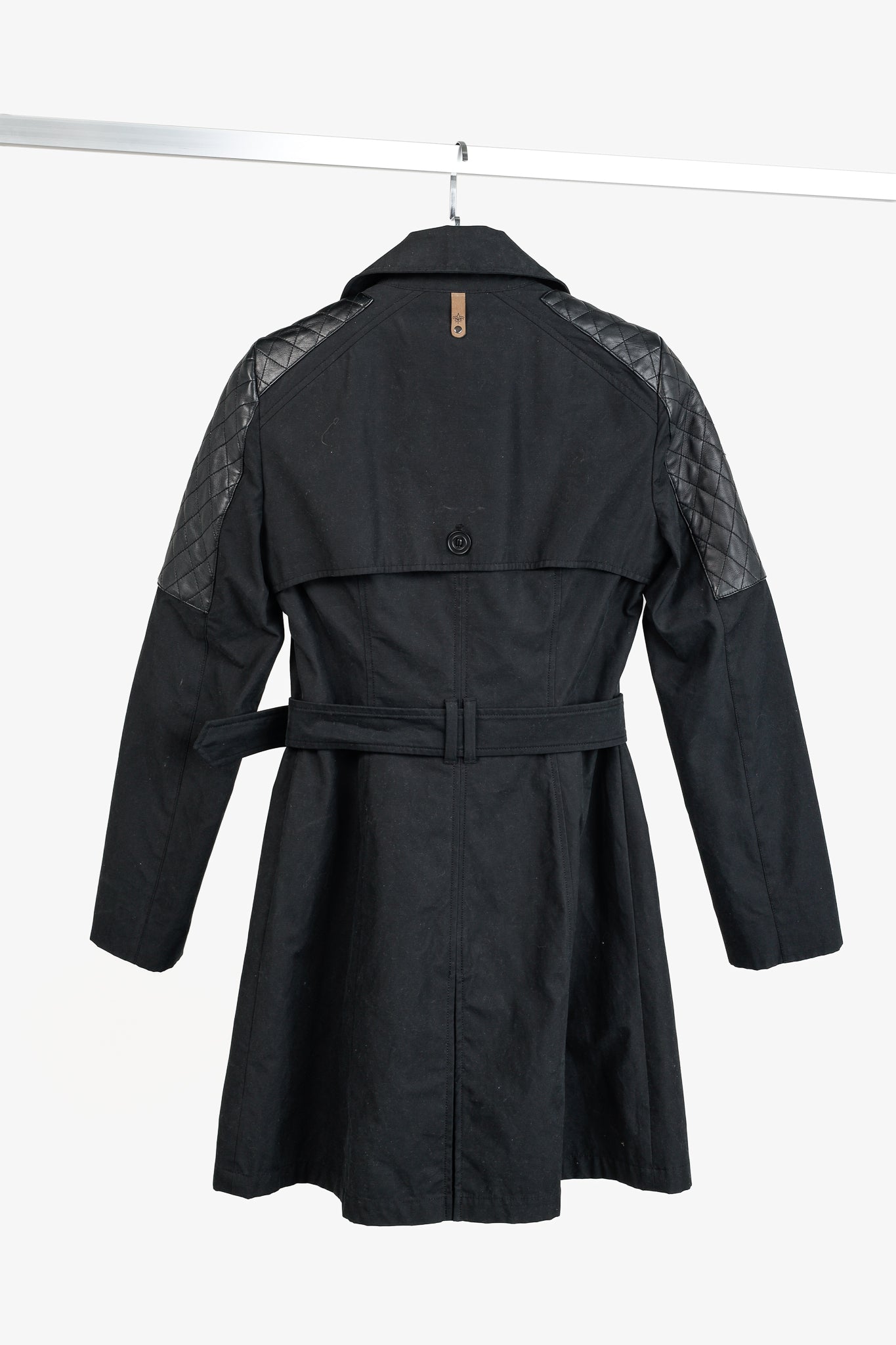Mackage Lilith Black Cotton Quilted-Leather-Trim Belted Trench Coat