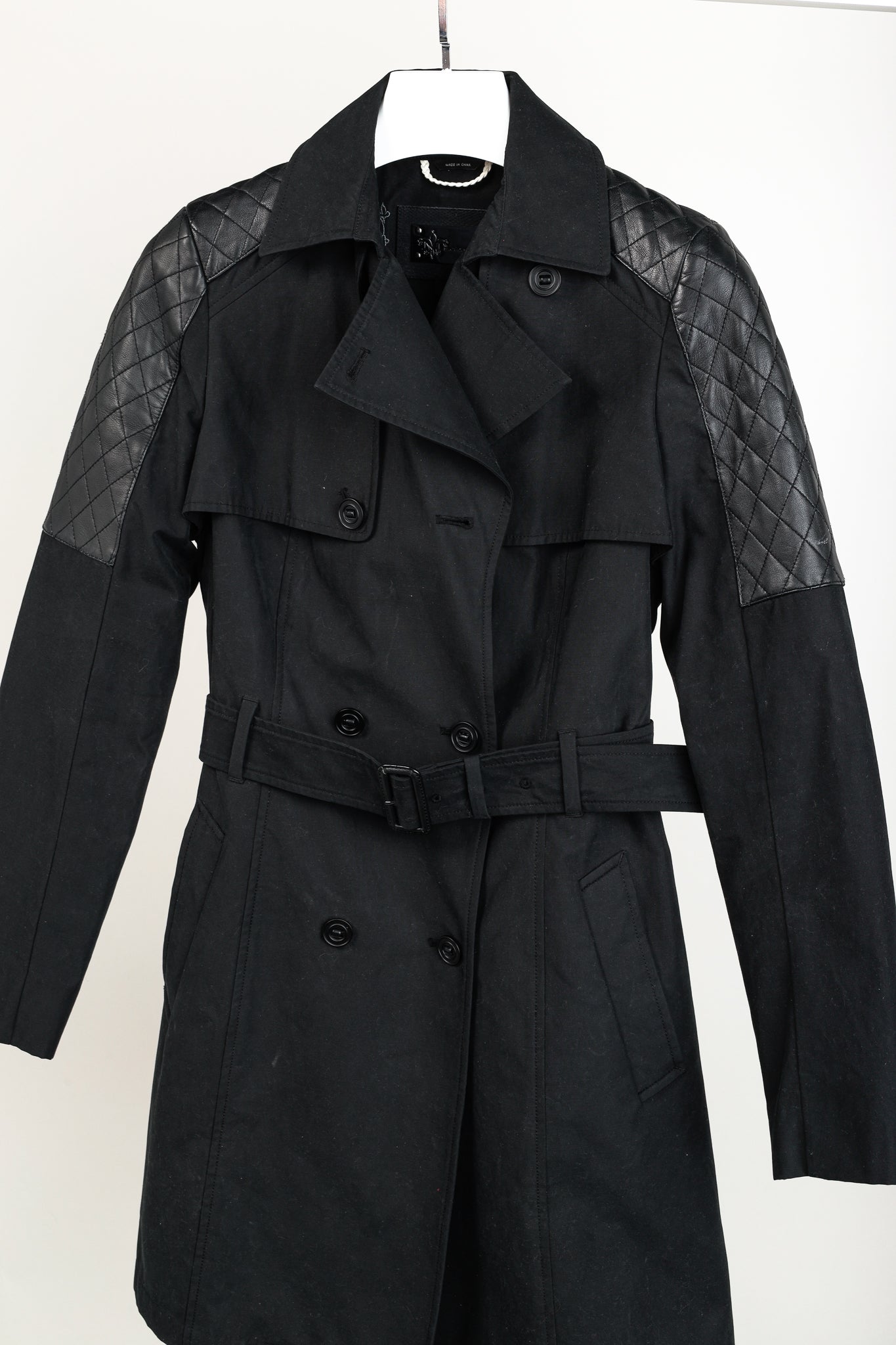 Mackage Lilith Black Cotton Quilted-Leather-Trim Belted Trench Coat