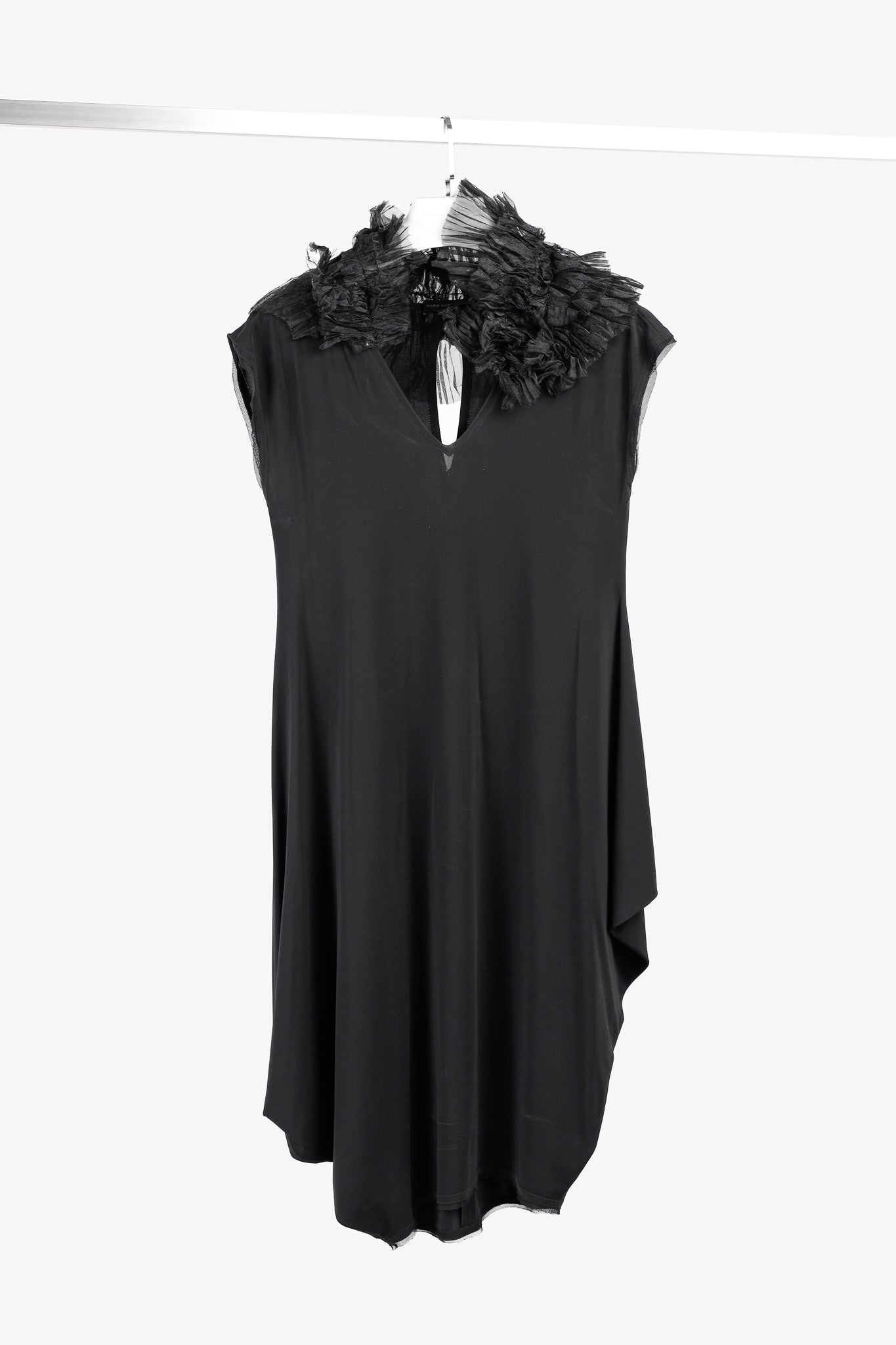 Marie Saint Pierre Ruffle Neck Asymmetrical Tulle Trim Black Dress