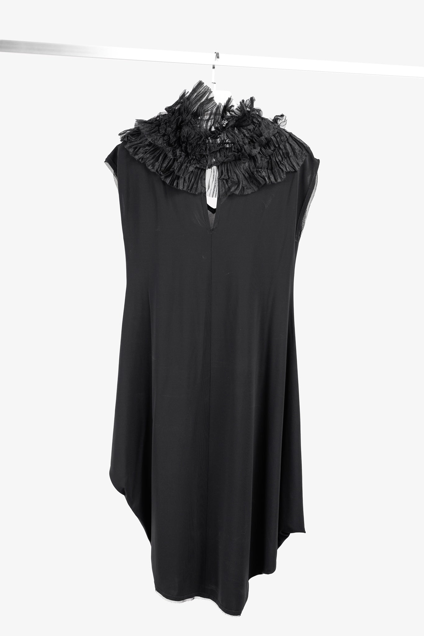 Marie Saint Pierre Ruffle Neck Asymmetrical Tulle Trim Black Dress
