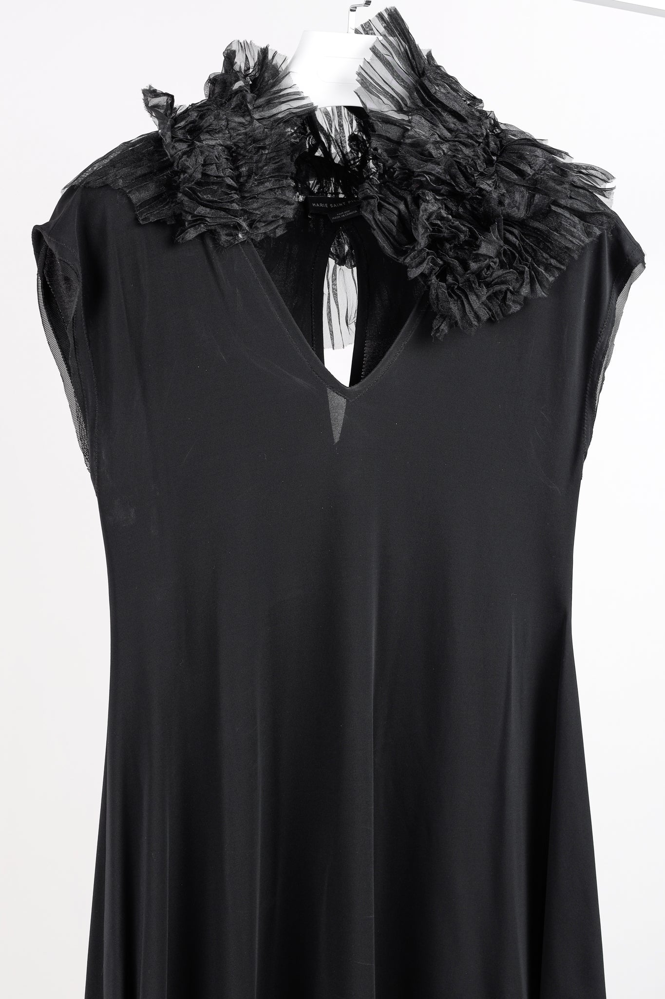 Marie Saint Pierre Ruffle Neck Asymmetrical Tulle Trim Black Dress