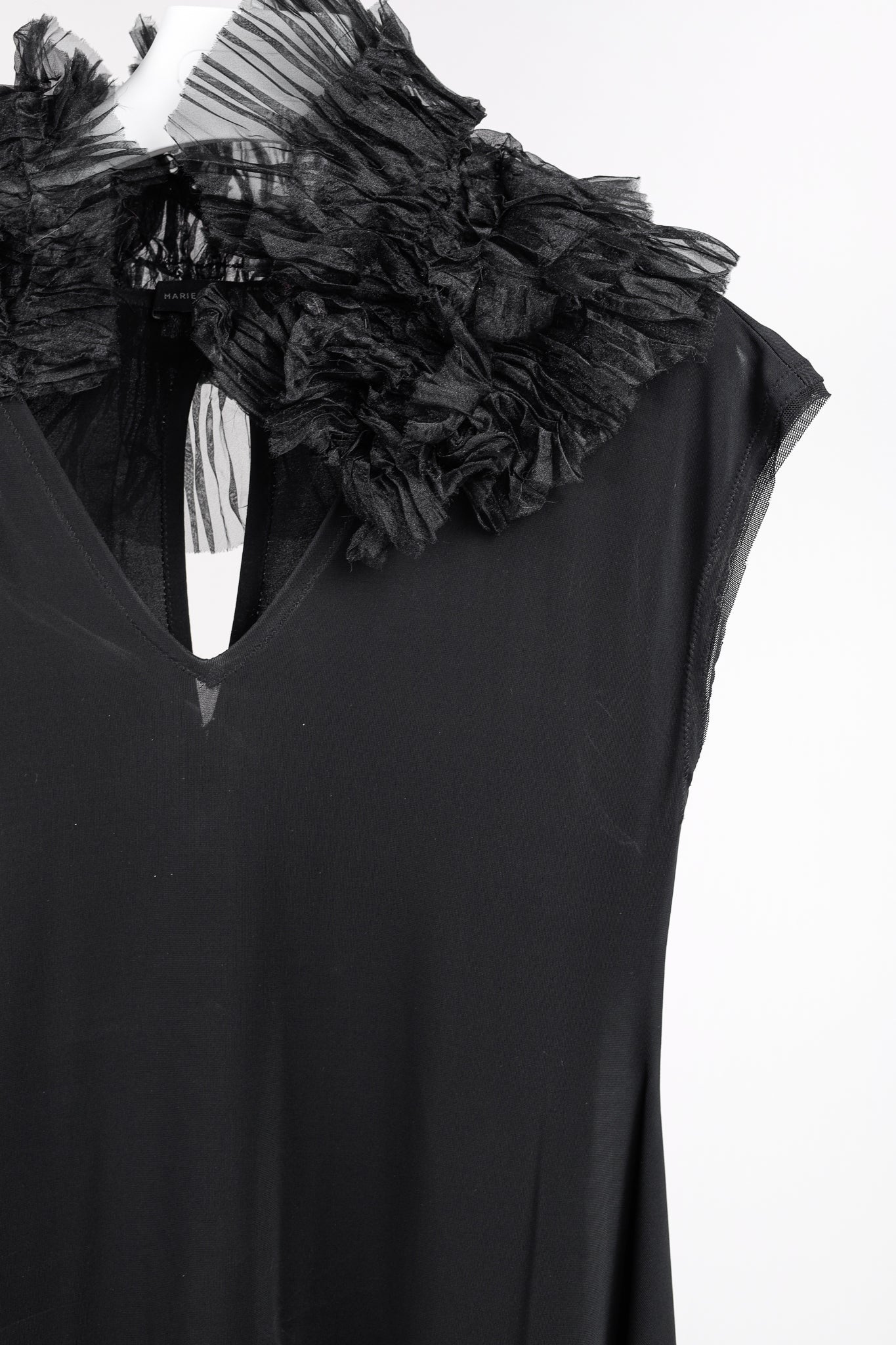 Marie Saint Pierre Ruffle Neck Asymmetrical Tulle Trim Black Dress