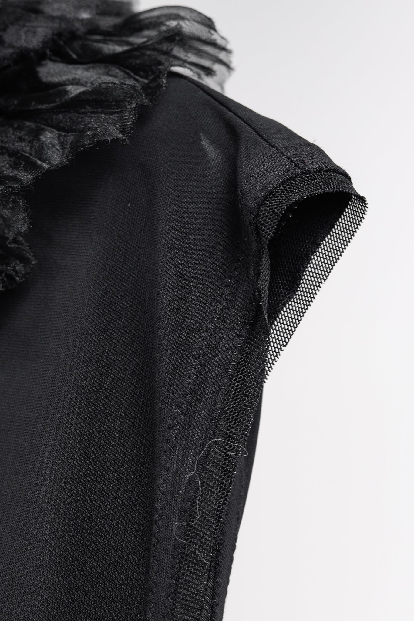 Marie Saint Pierre Ruffle Neck Asymmetrical Tulle Trim Black Dress