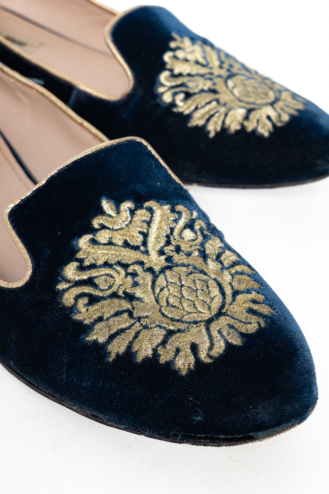 Miu Miu PF12 Blue Velvet Embroidered Crystal-Heel Loafers