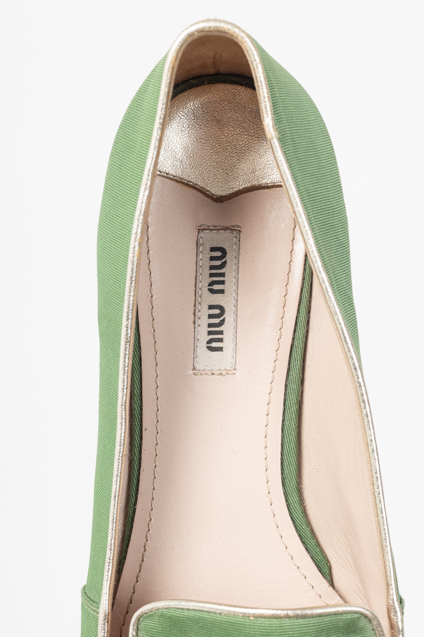 Miu Miu PF12 Green Embroidered Crystal-Heel Loafers