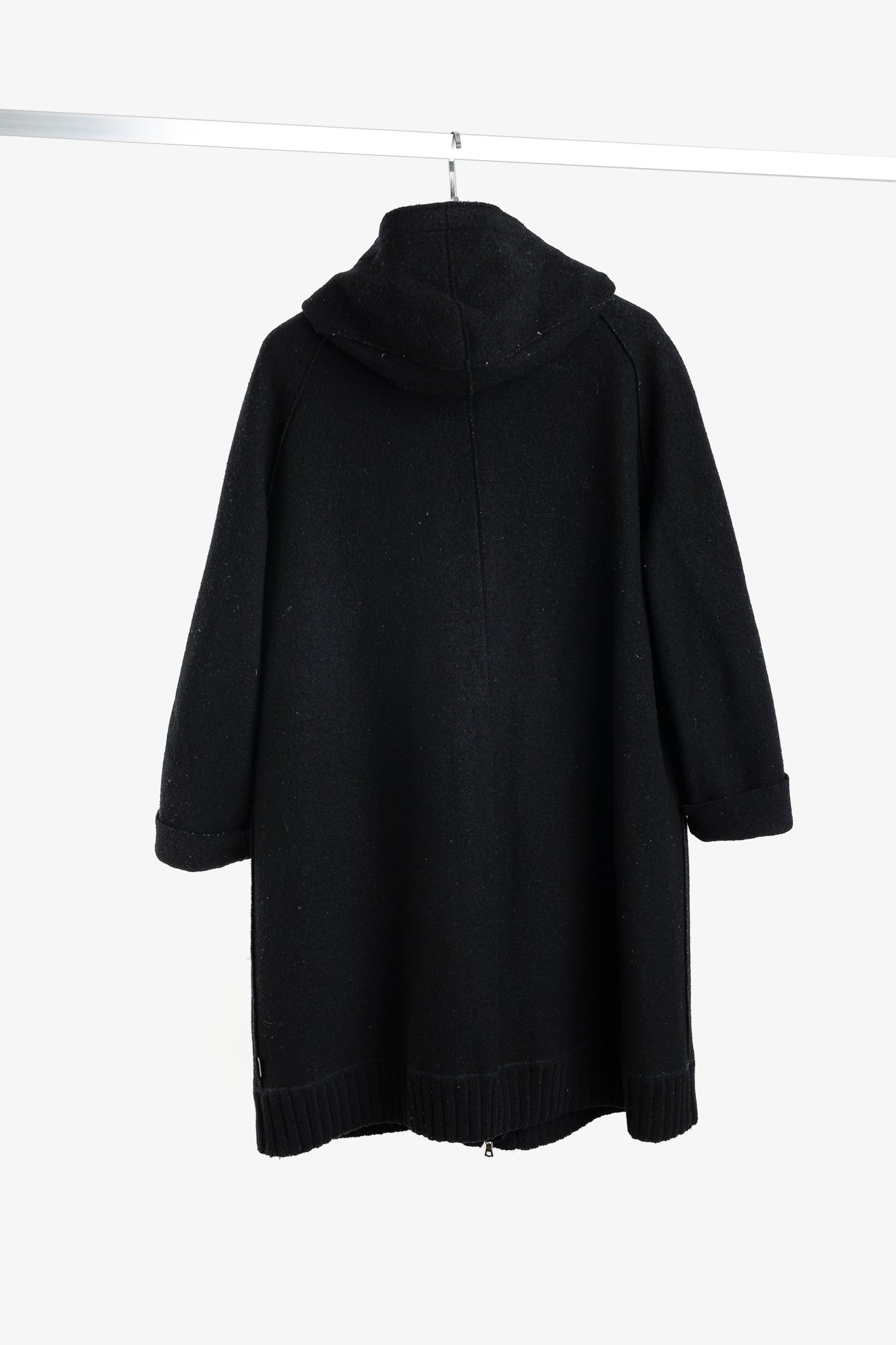 Oska Black Boiled-Wool Knit-Hem Hooded Coat