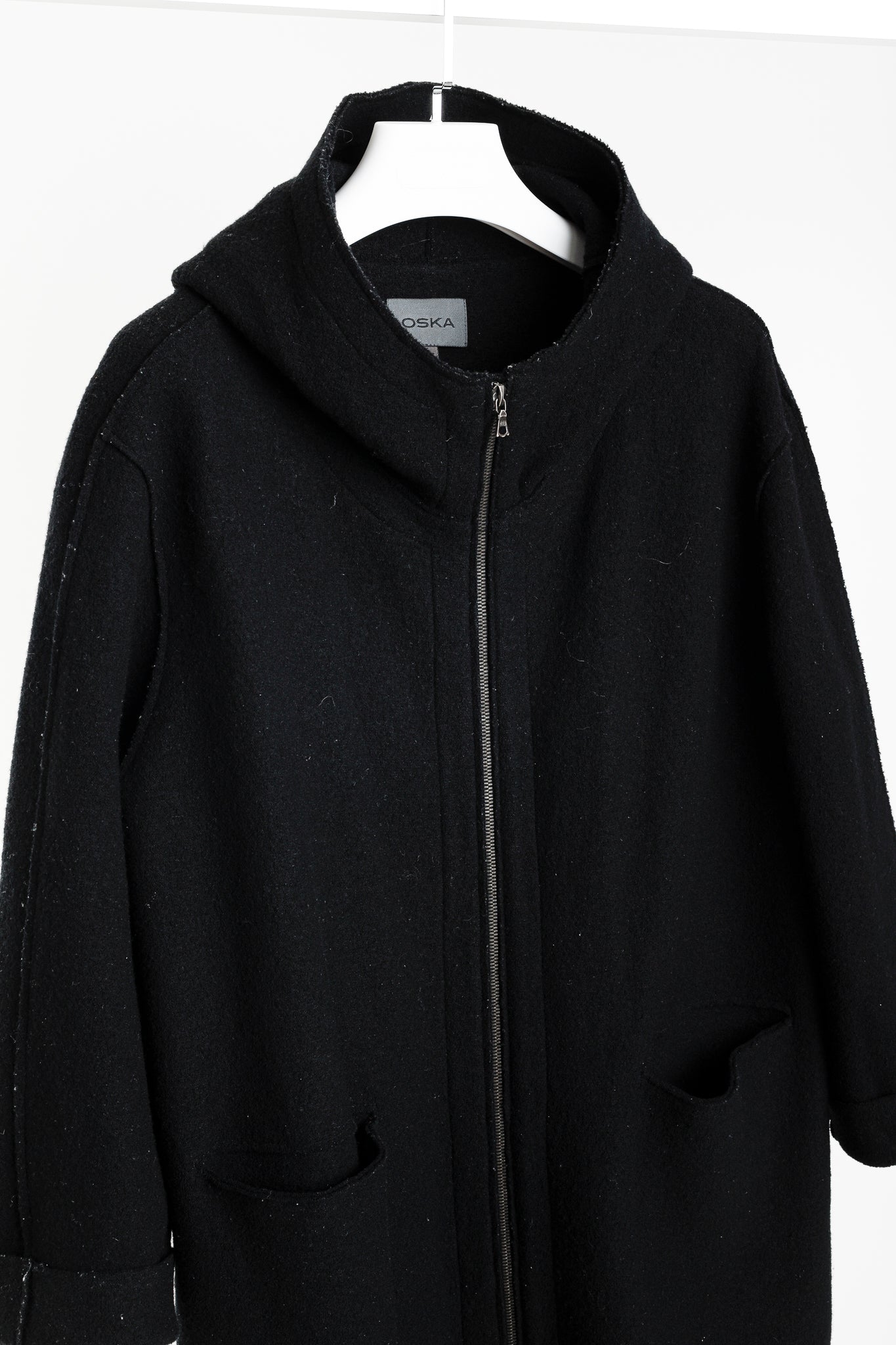 Oska Black Boiled-Wool Knit-Hem Hooded Coat