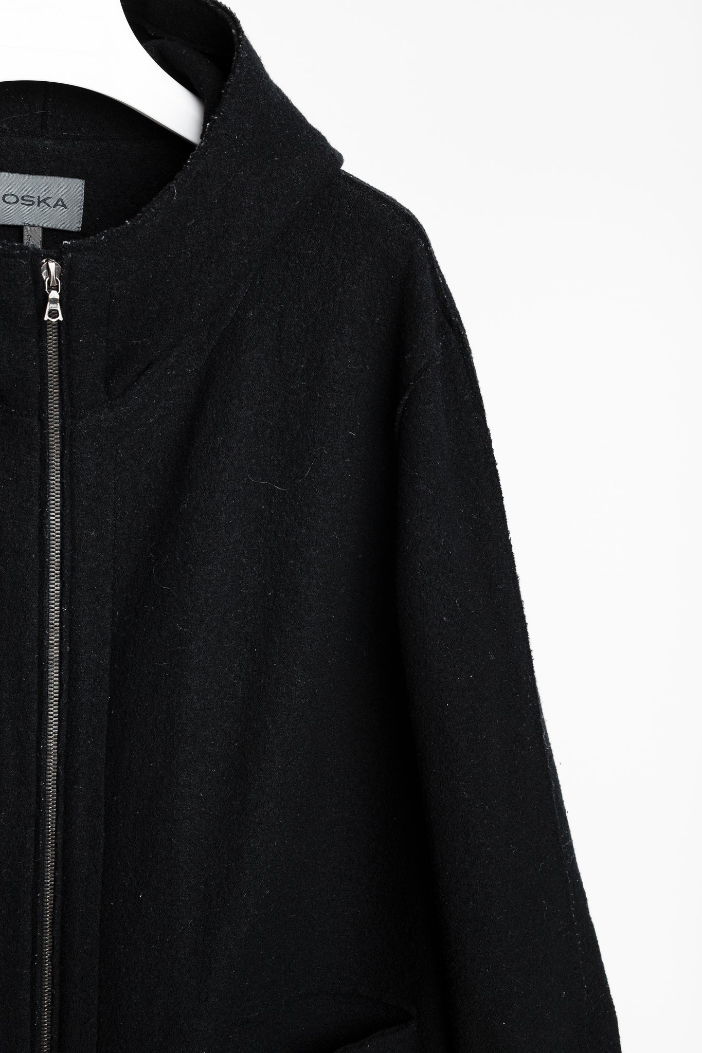 Oska Black Boiled-Wool Knit-Hem Hooded Coat