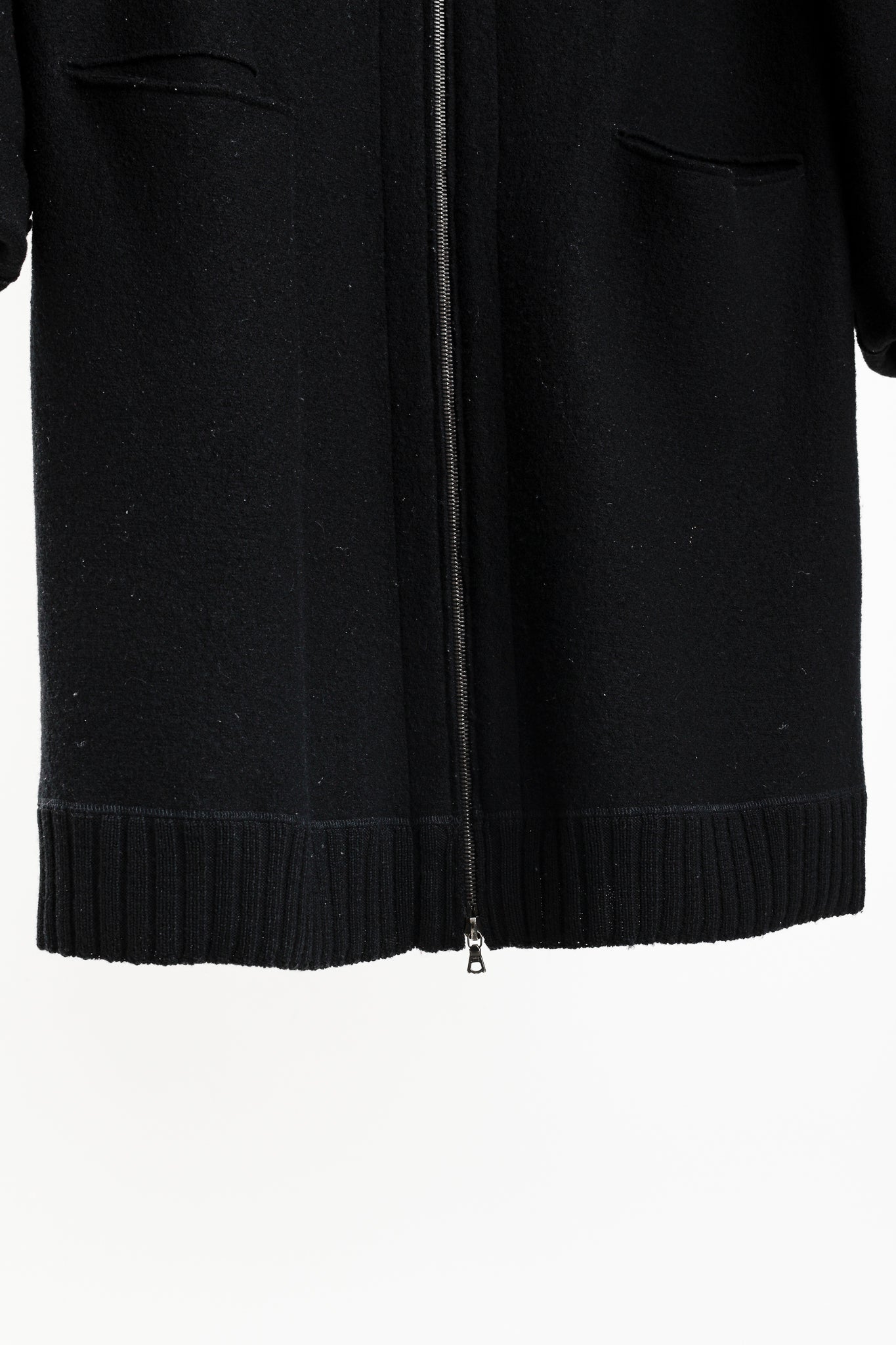 Oska Black Boiled-Wool Knit-Hem Hooded Coat