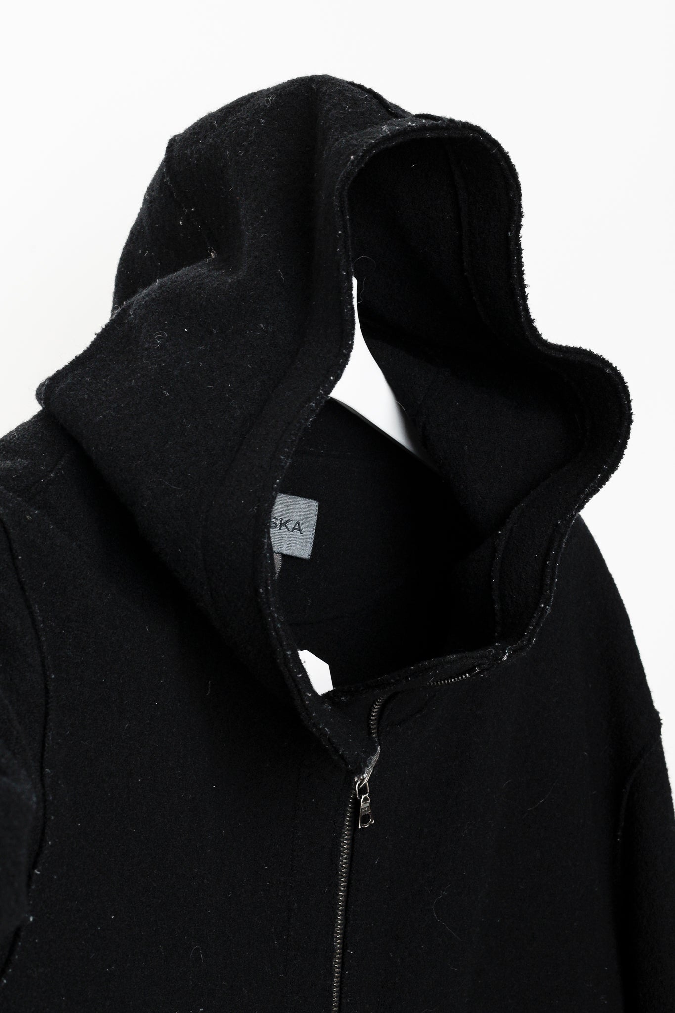 Oska Black Boiled-Wool Knit-Hem Hooded Coat