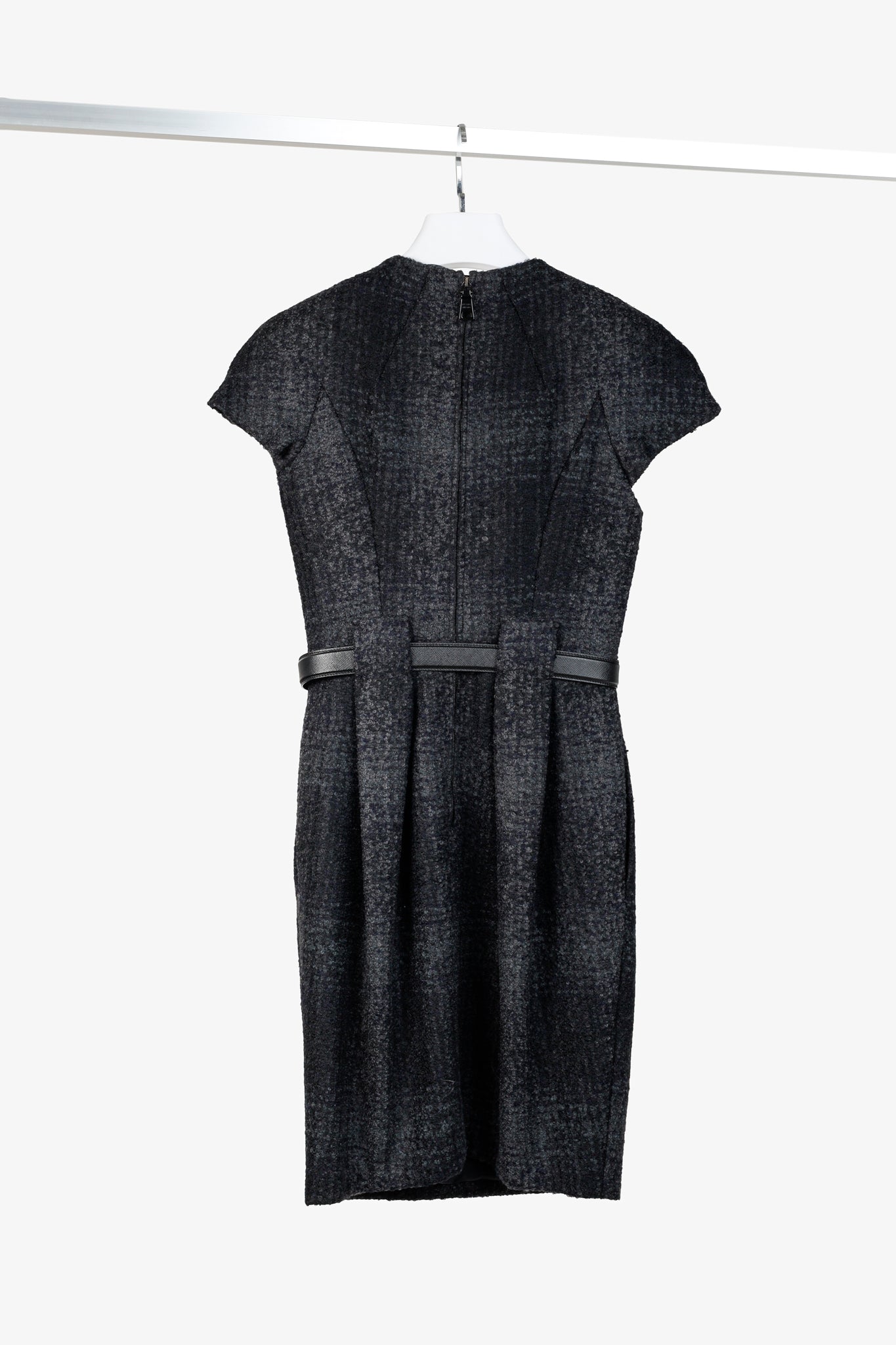 Prada 2009 Grey Tweed Belted Cap-Sleeve Knee-Length Dress
