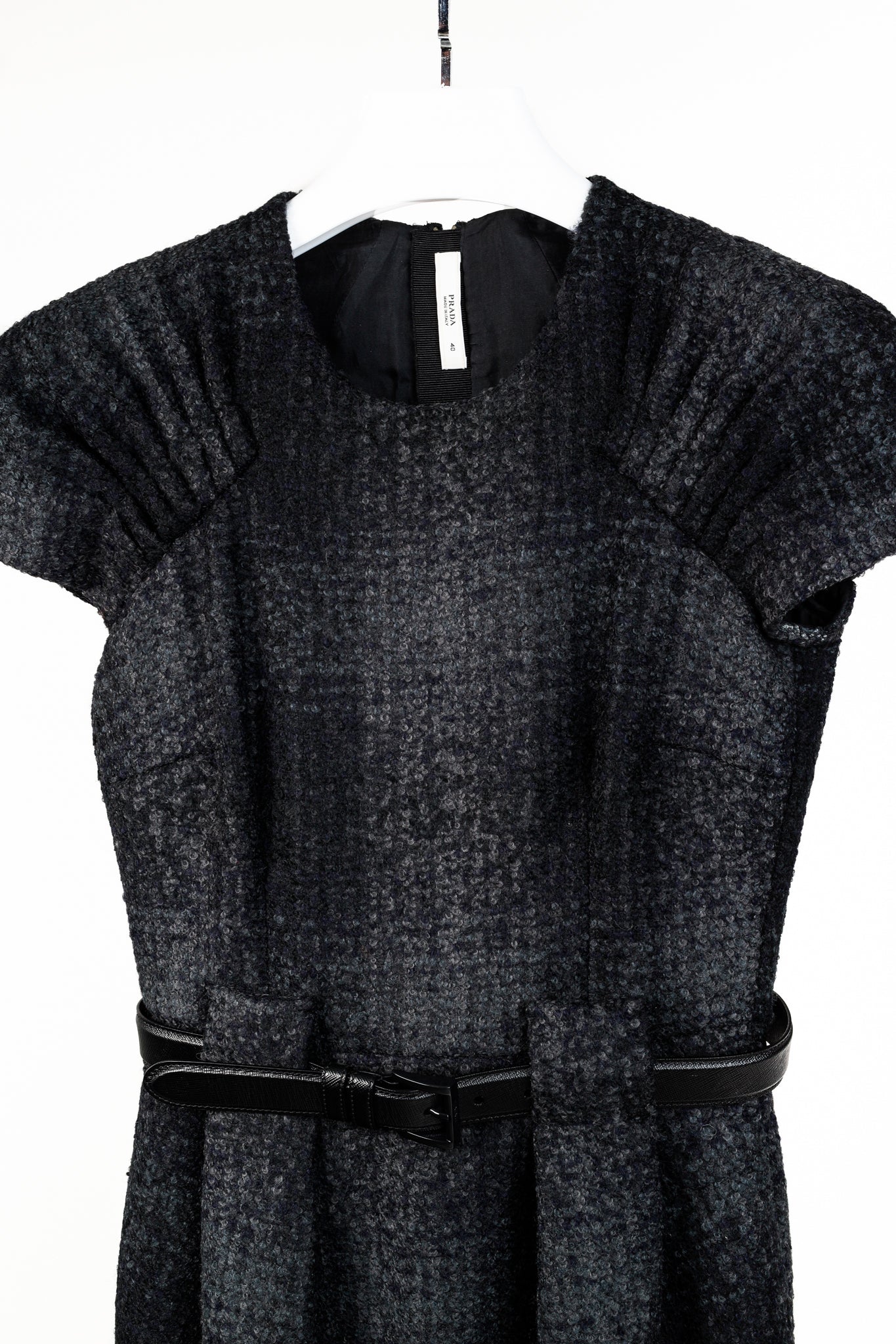 Prada 2009 Grey Tweed Belted Cap-Sleeve Knee-Length Dress