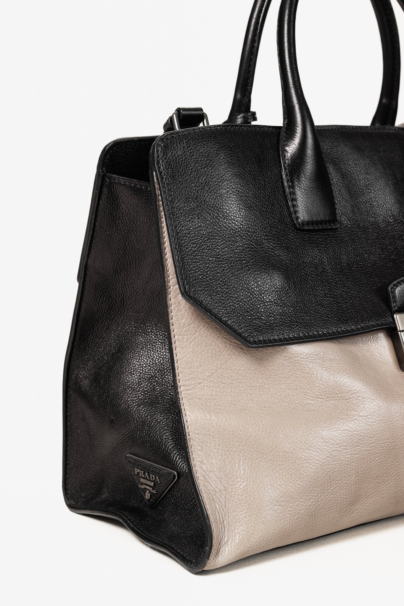 Prada Pomice & Nero Glace Calf Leather Two-Tone Tote