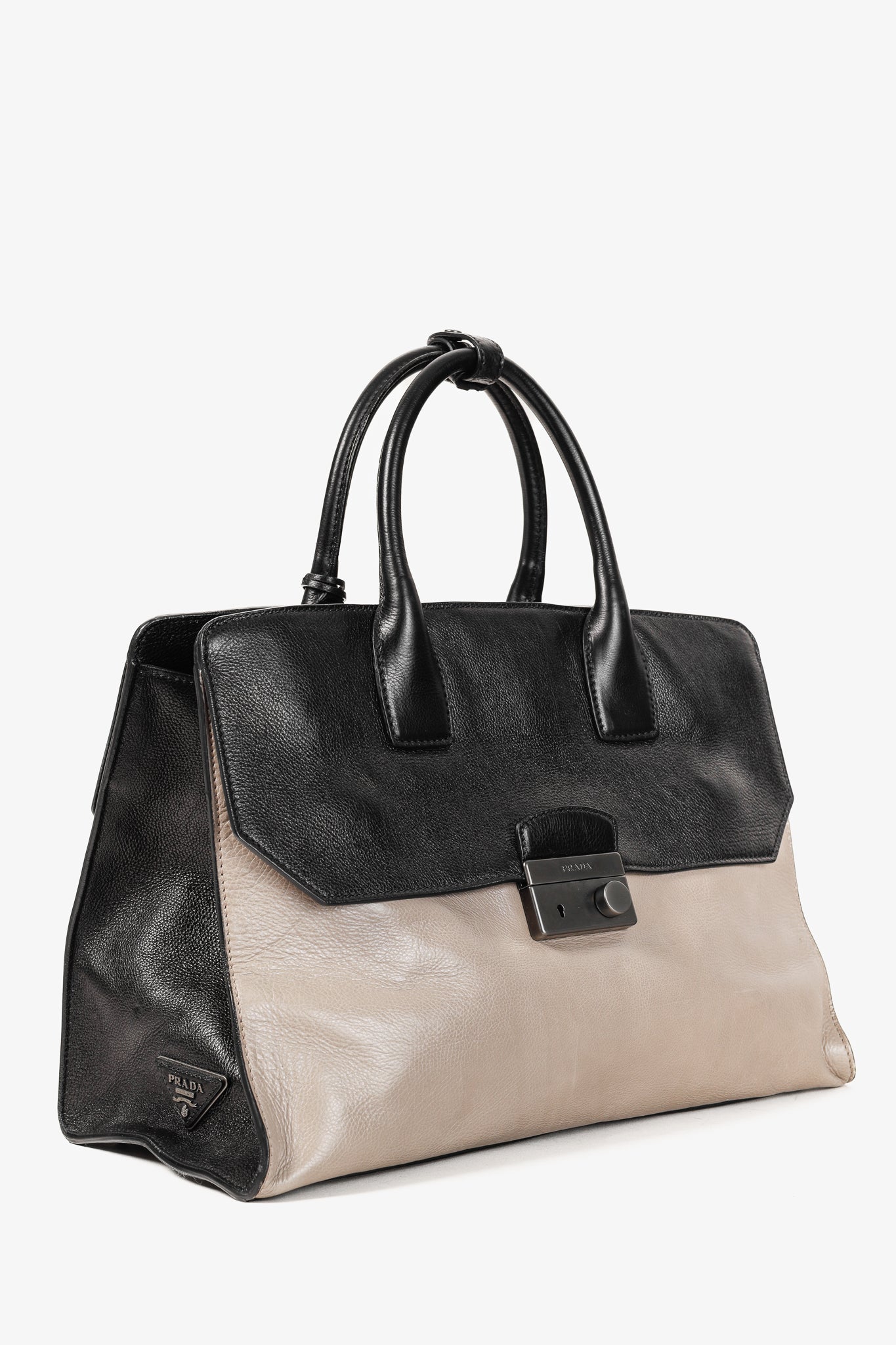 Prada Pomice & Nero Glace Calf Leather Two-Tone Tote