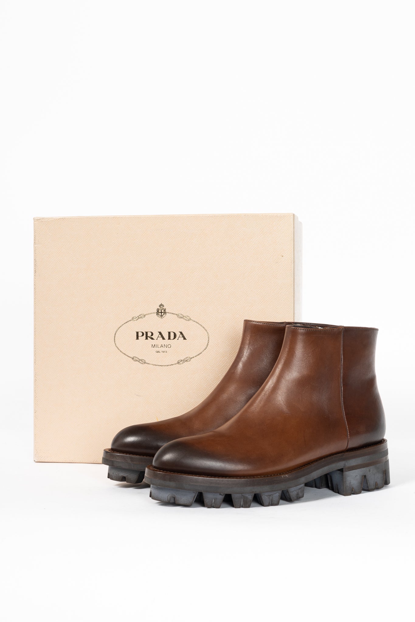 Prada Brown Leather Zip Ankle Boots