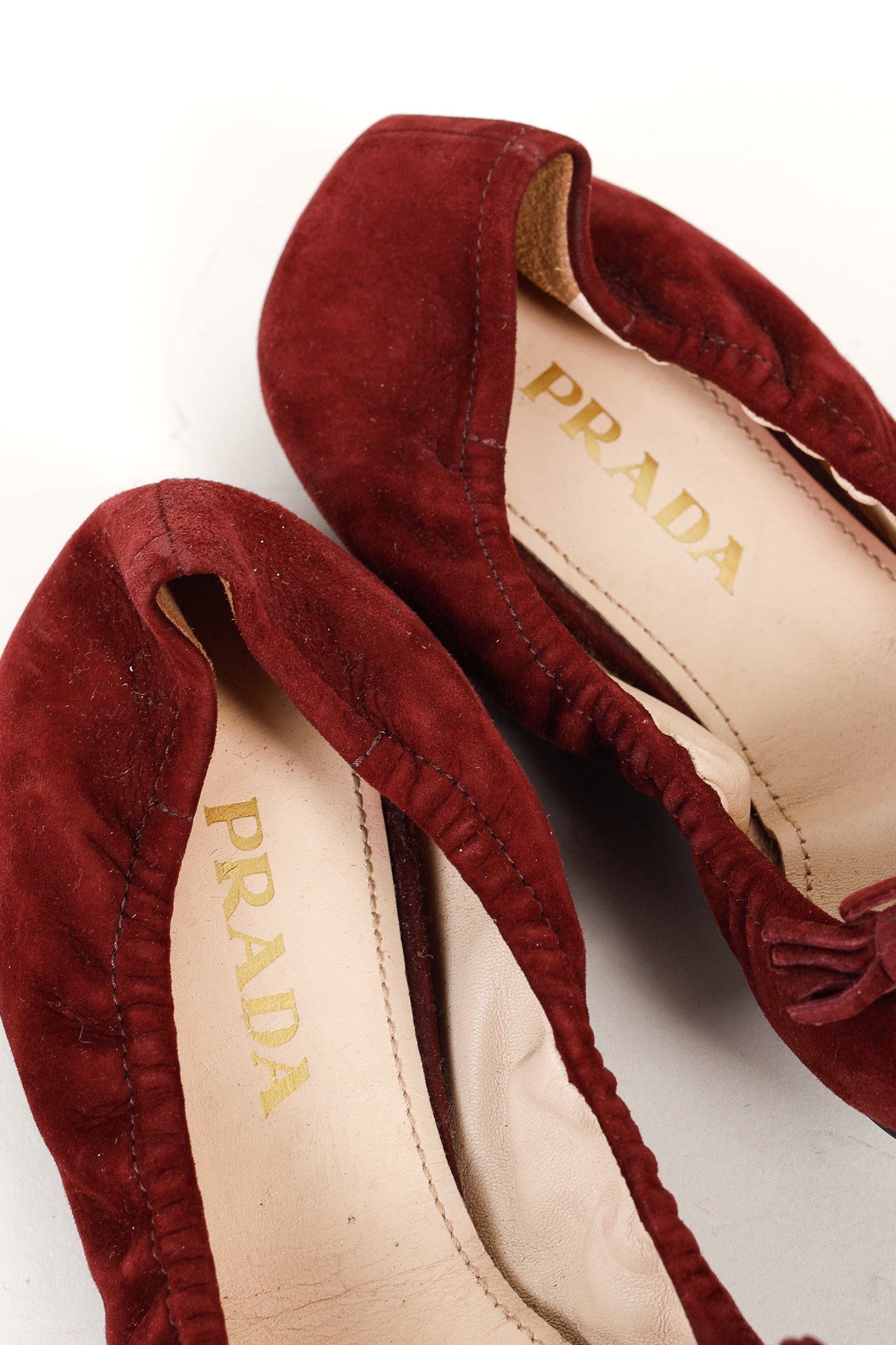 Prada Burgundy Suede Tassel-Bow Scrunch Ballet Flat
