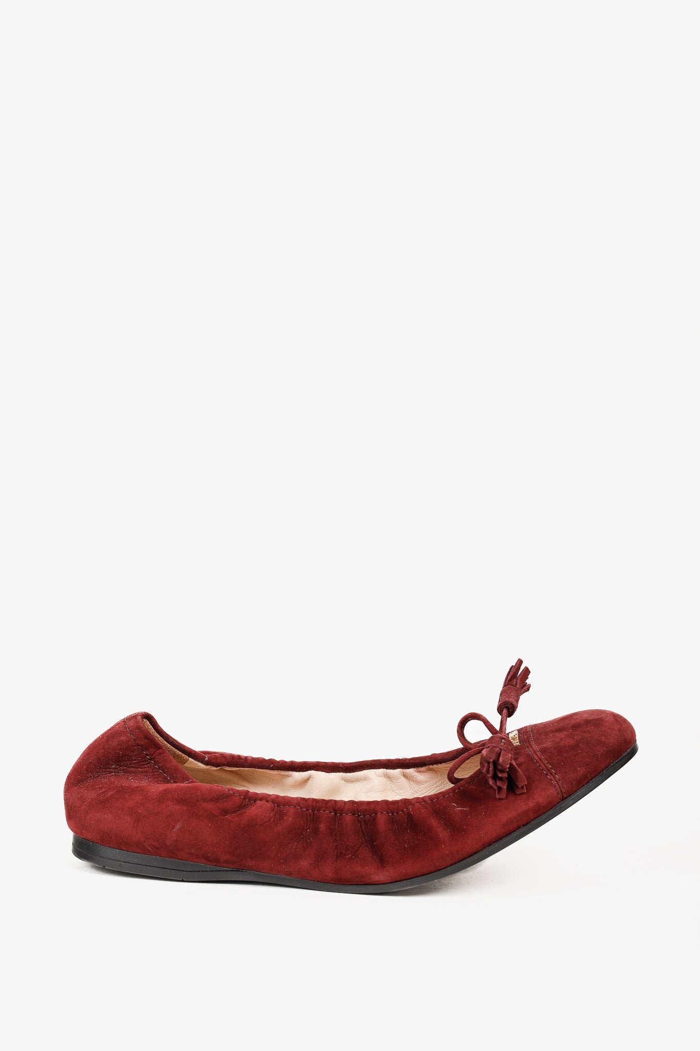 Prada Burgundy Suede Tassel-Bow Scrunch Ballet Flat