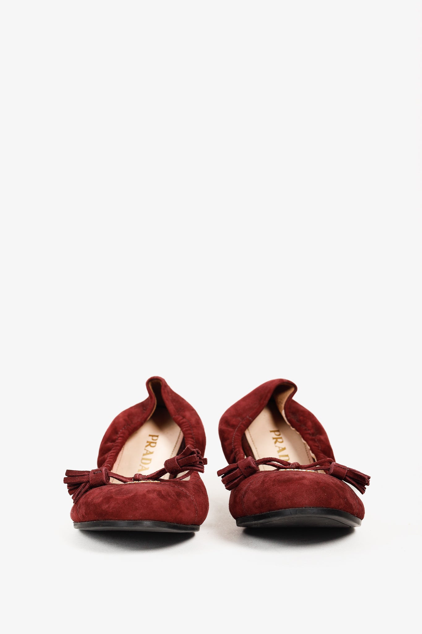 Prada Burgundy Suede Tassel-Bow Scrunch Ballet Flat