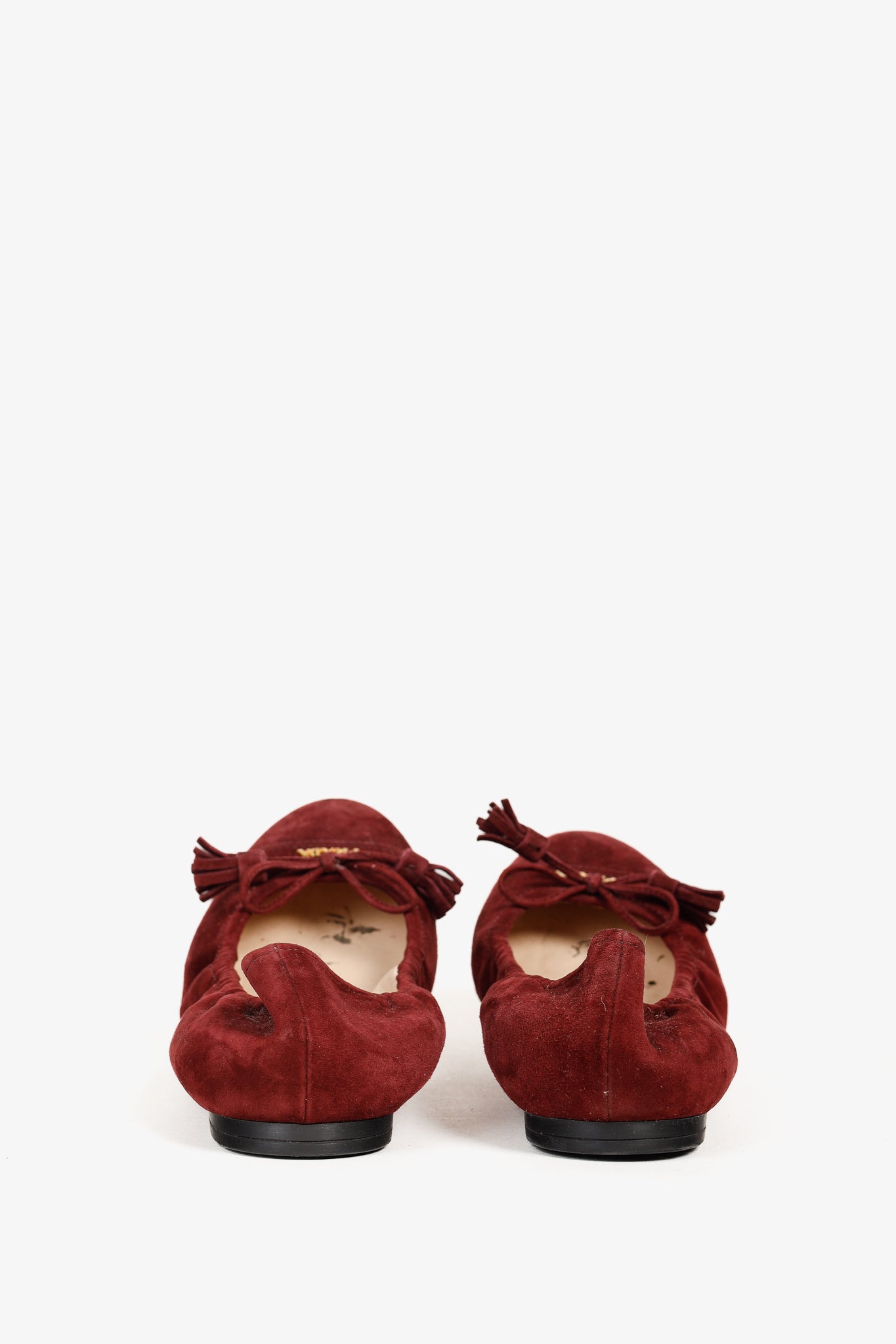 Prada Burgundy Suede Tassel-Bow Scrunch Ballet Flat