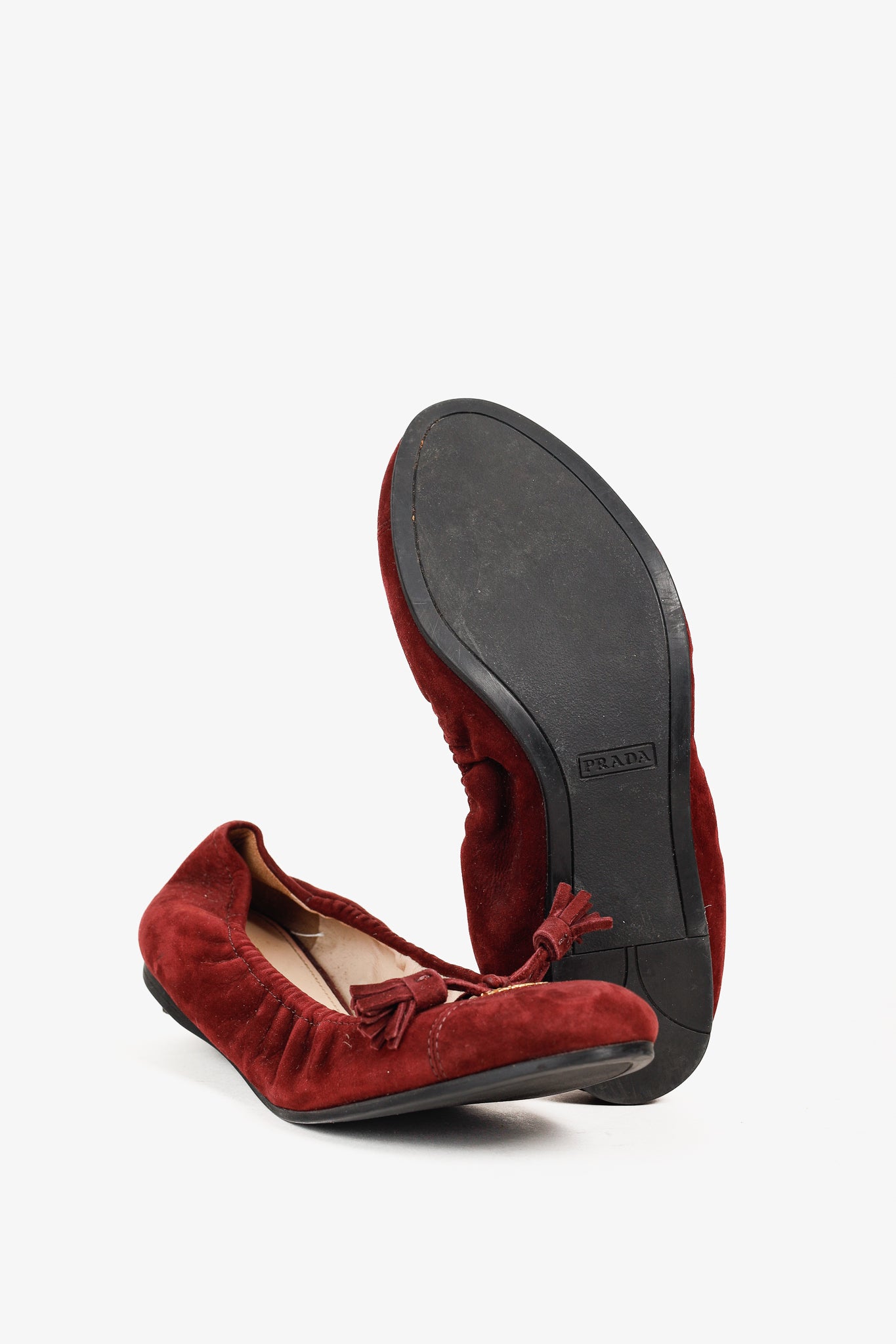 Prada Burgundy Suede Tassel-Bow Scrunch Ballet Flat