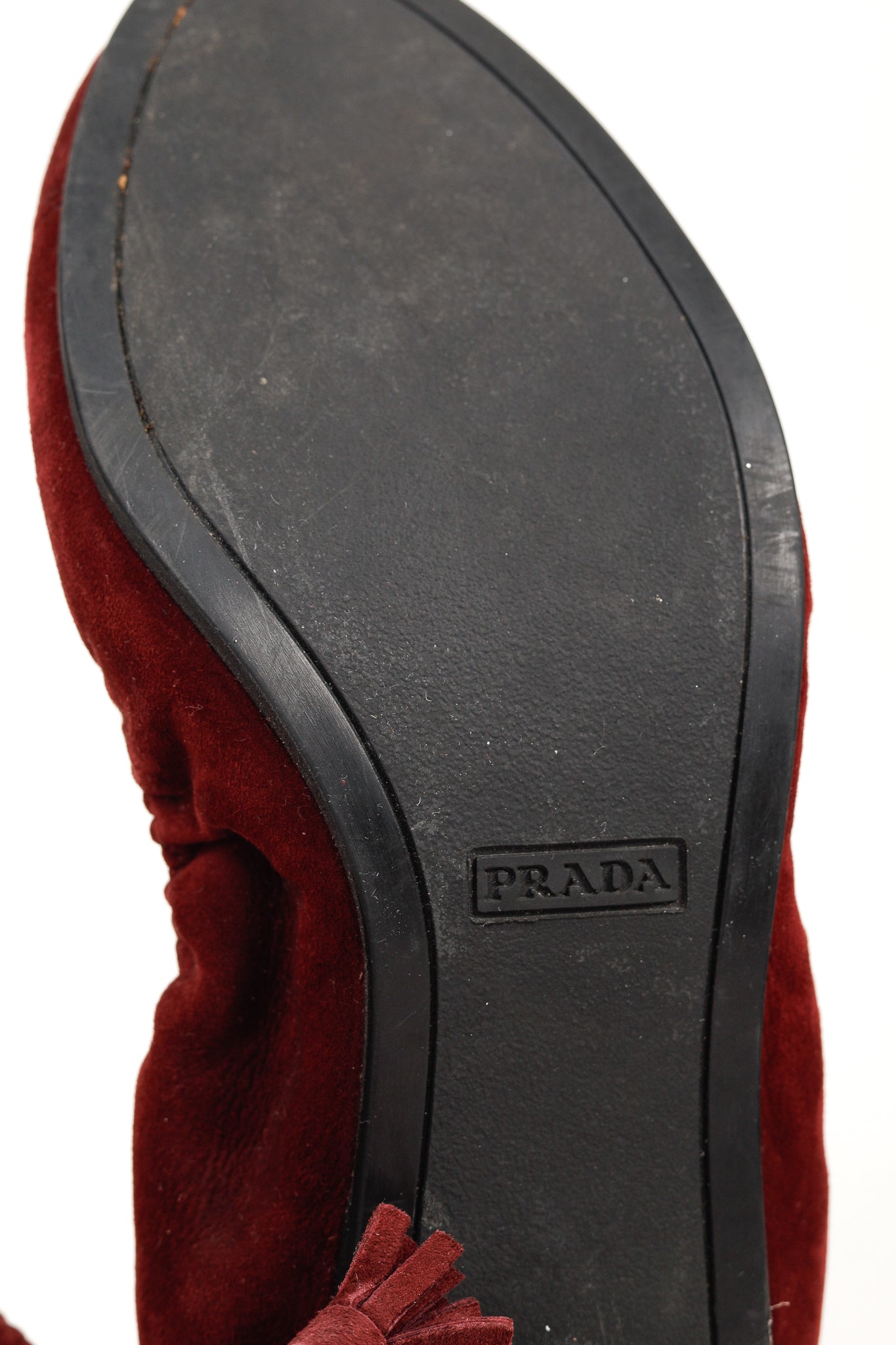 Prada Burgundy Suede Tassel-Bow Scrunch Ballet Flat